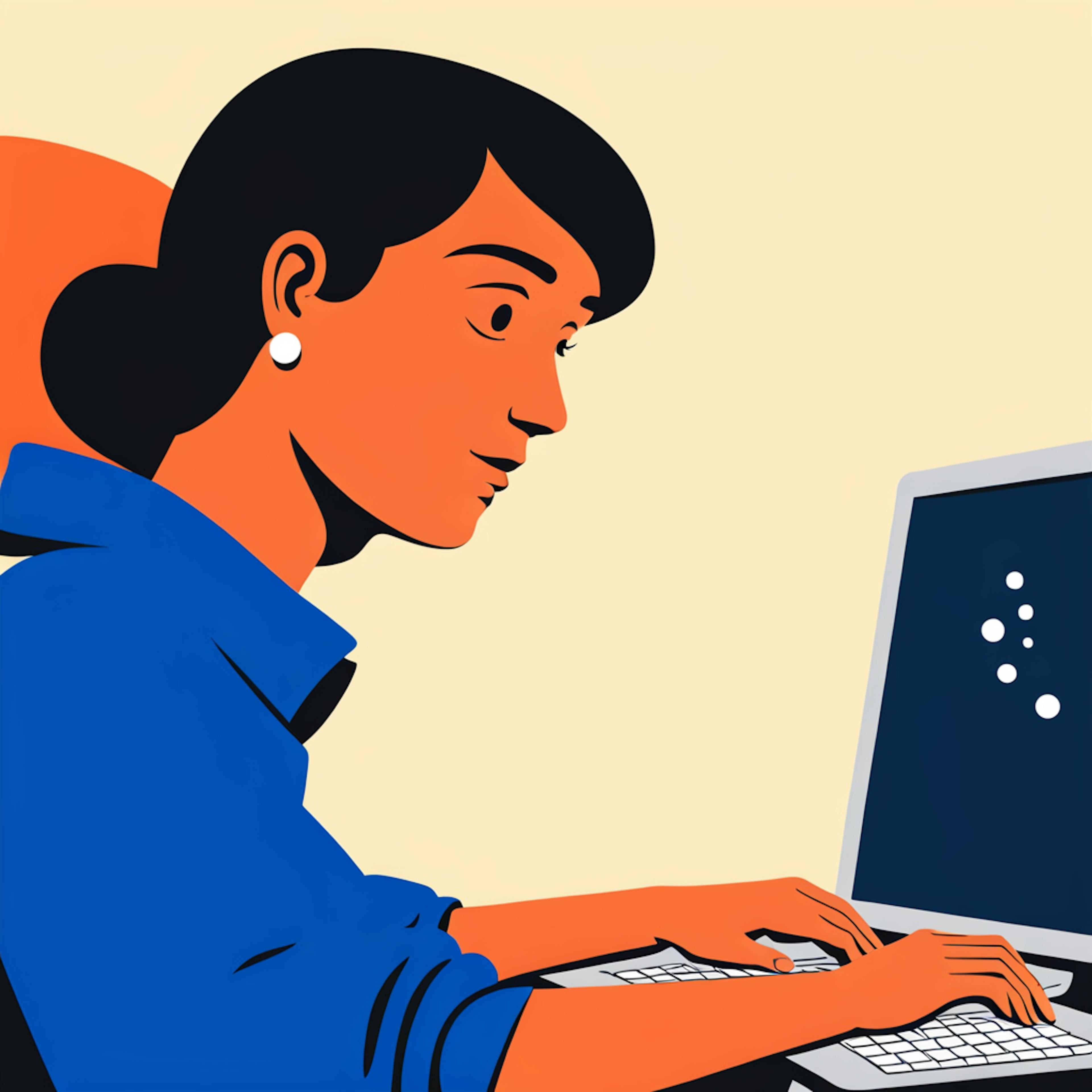 A minimalist illustration of a woman focused on her computer screen, highlighting the digital aspect of understanding "what is brand loyalty."