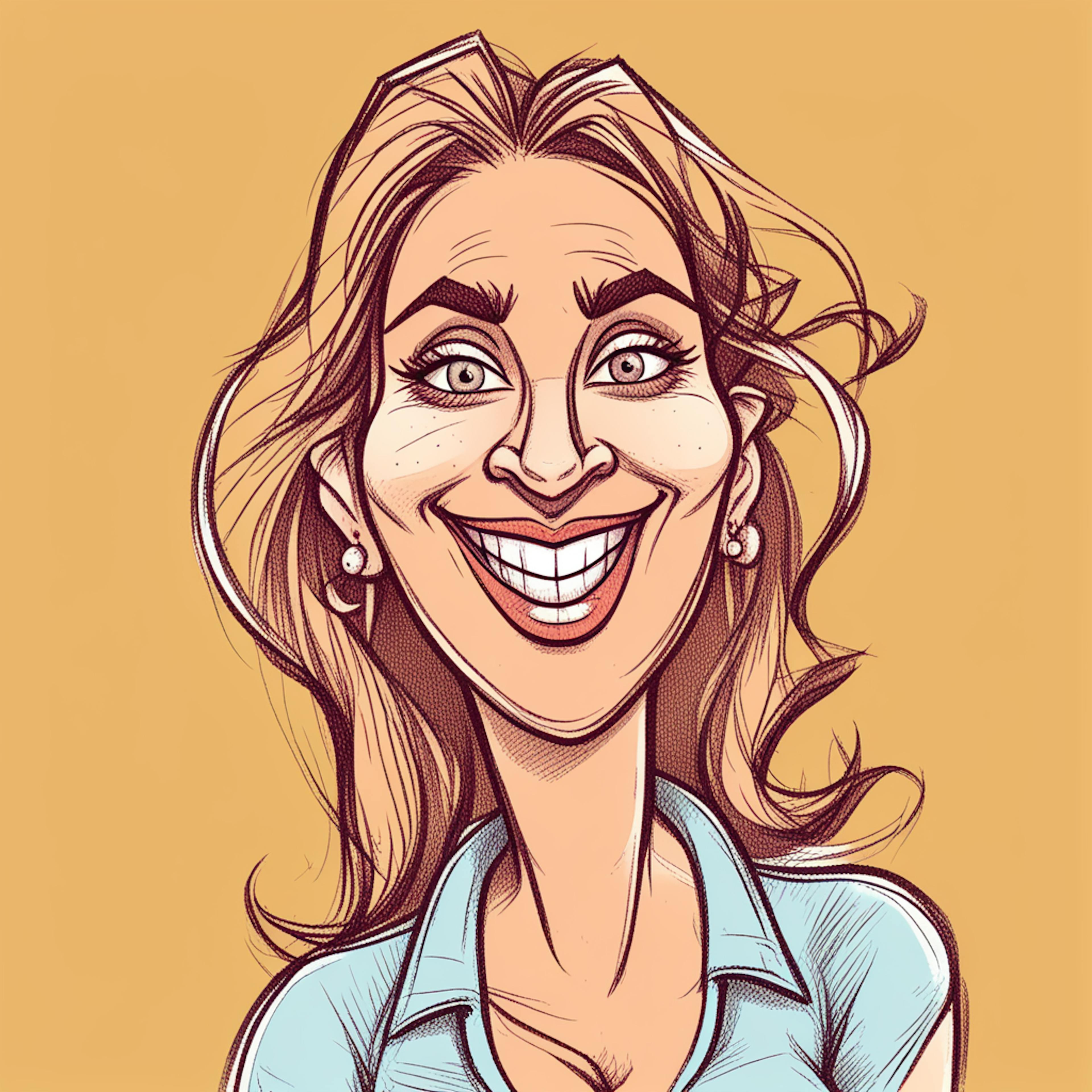 A cheerful and exaggerated portrait of a professional woman with vibrant expression, emphasizing individuality and creativity in design. Keywords: "what is UX design, creativity in design, caricature portrait."