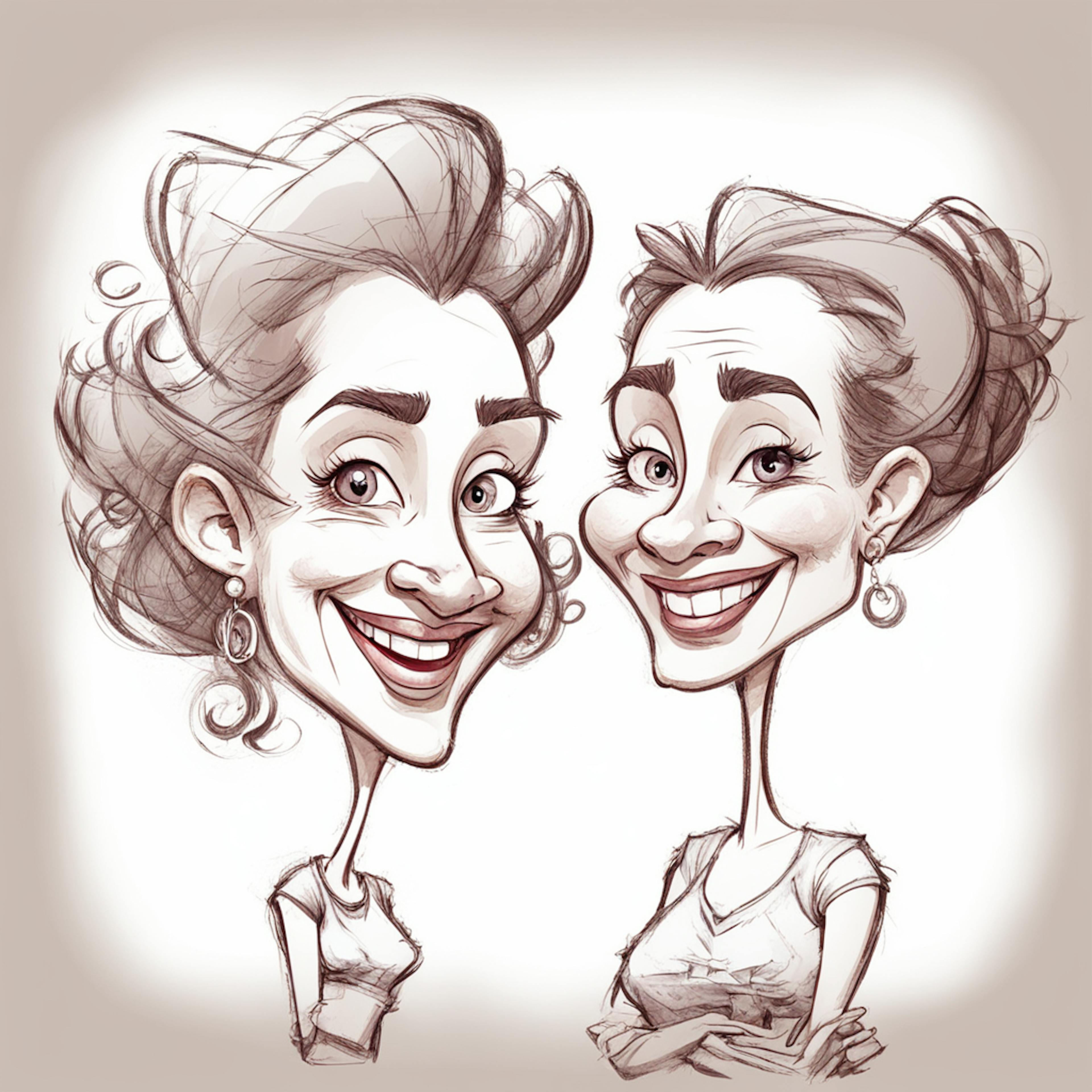 A humorous double portrait of two women sketched in an artistic caricature style, showcasing dynamic expressions and personality, ideal for representing user personas. Keywords: "what is UX design, user personas, caricature art."