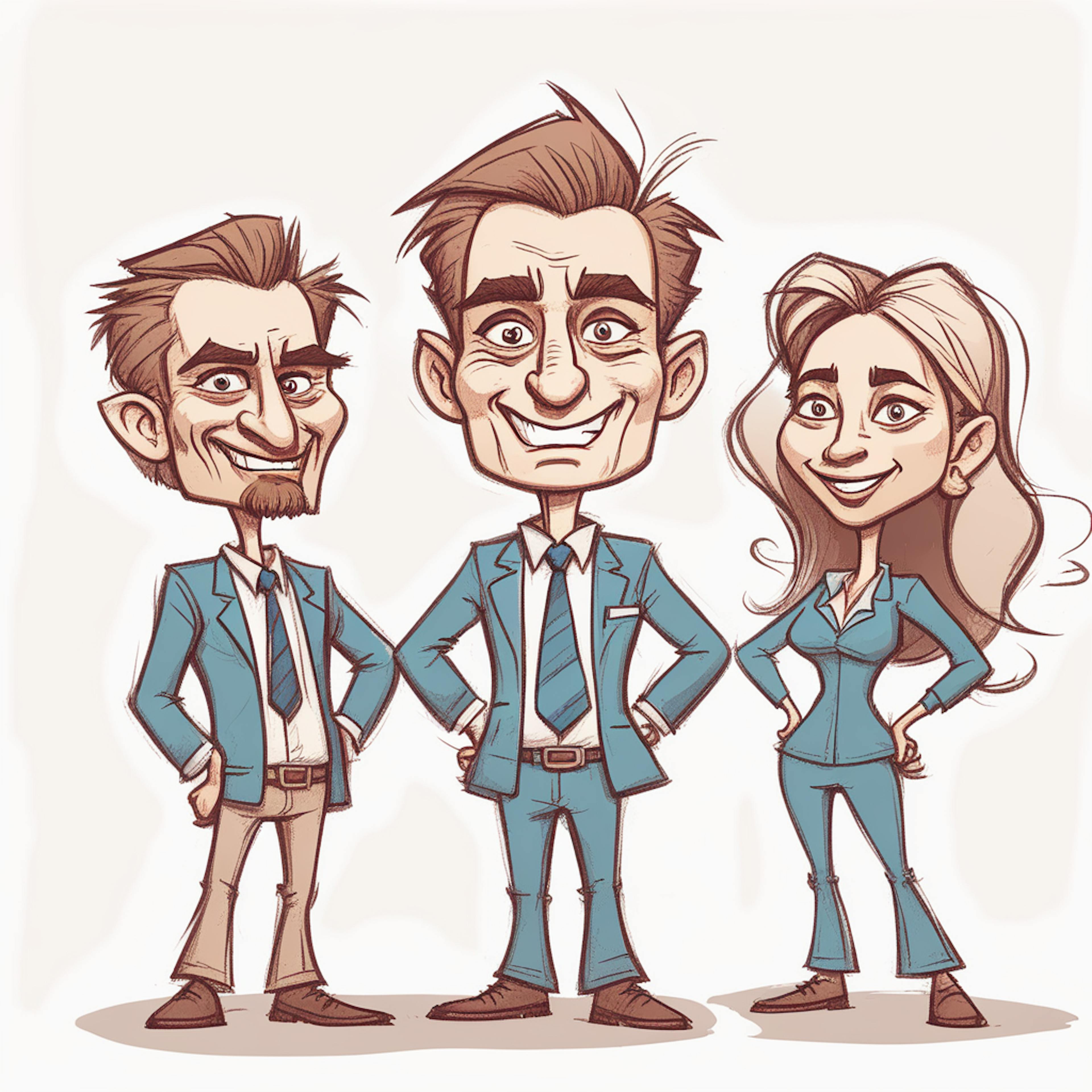 A group caricature illustration of three professionals in business attire, drawn in a playful and exaggerated style, embodying teamwork and creativity. Keywords: "what is UX design, team collaboration, caricature style."