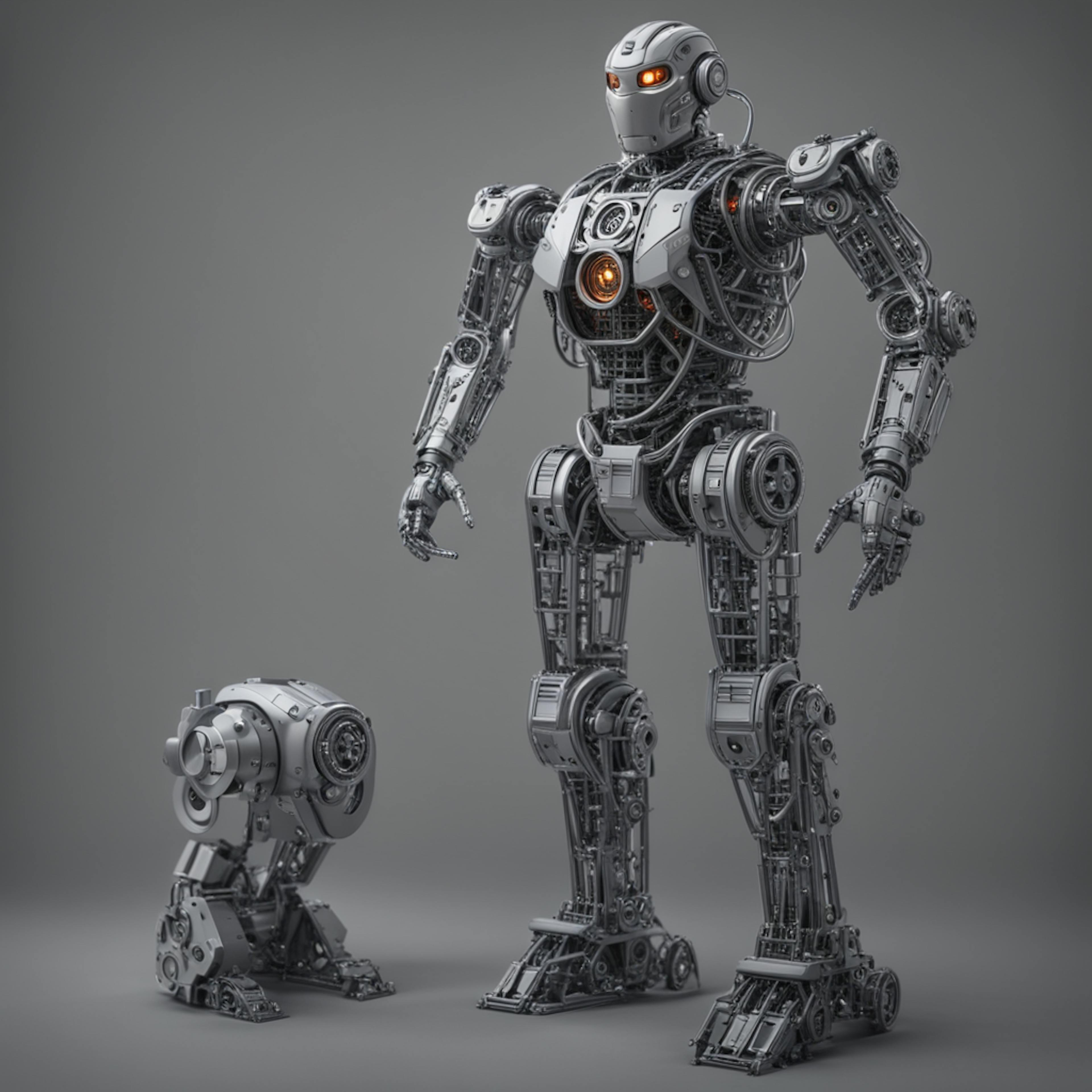 A pair of robotic models, one humanoid and one smaller, displaying detailed mechanical exteriors and glowing internal mechanisms, emphasizing "wireframe AI" in engineering and robotics design.