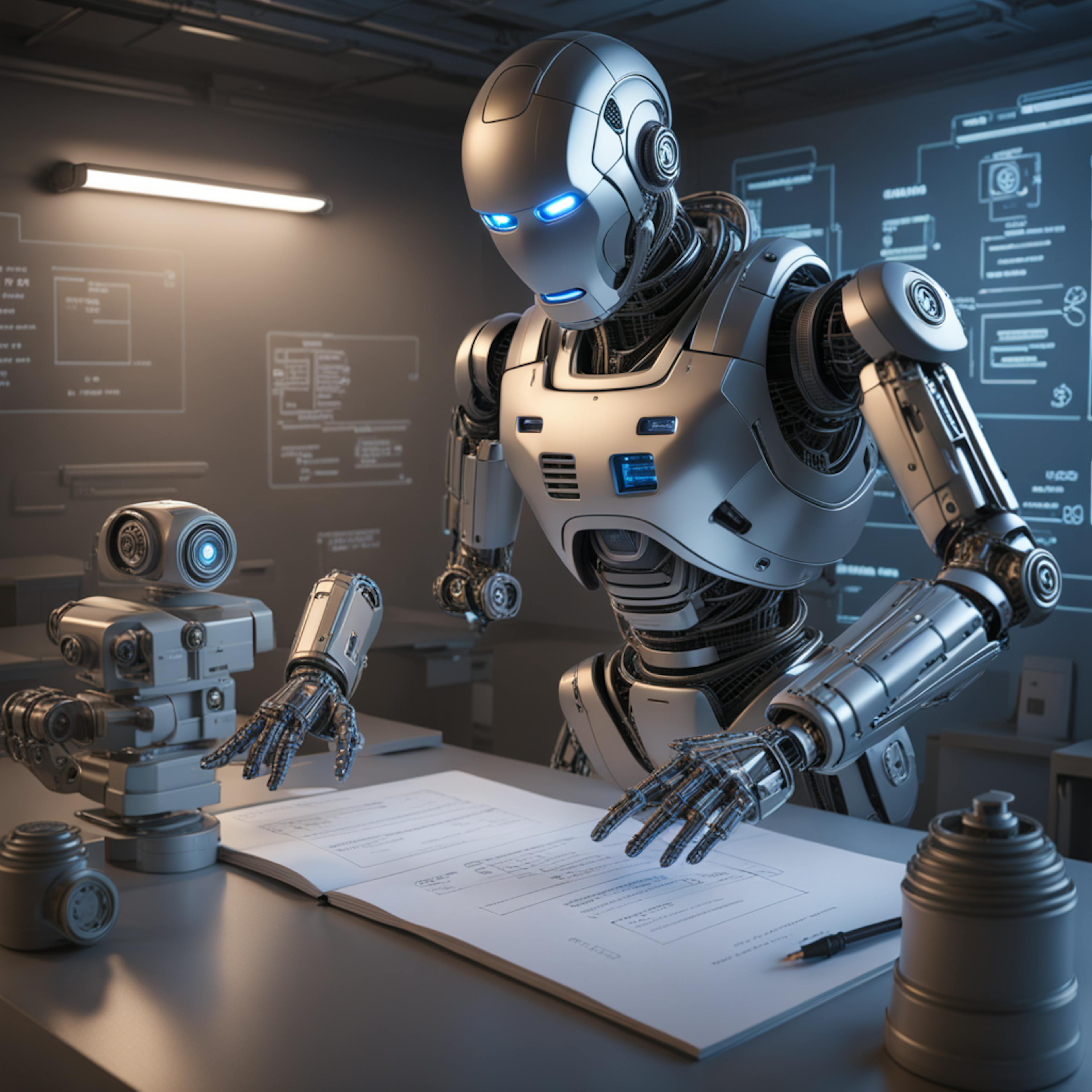 A robotic figure working at a desk with a smaller bot nearby, surrounded by blueprints and digital interfaces, representing "wireframe AI" in action during technological development.