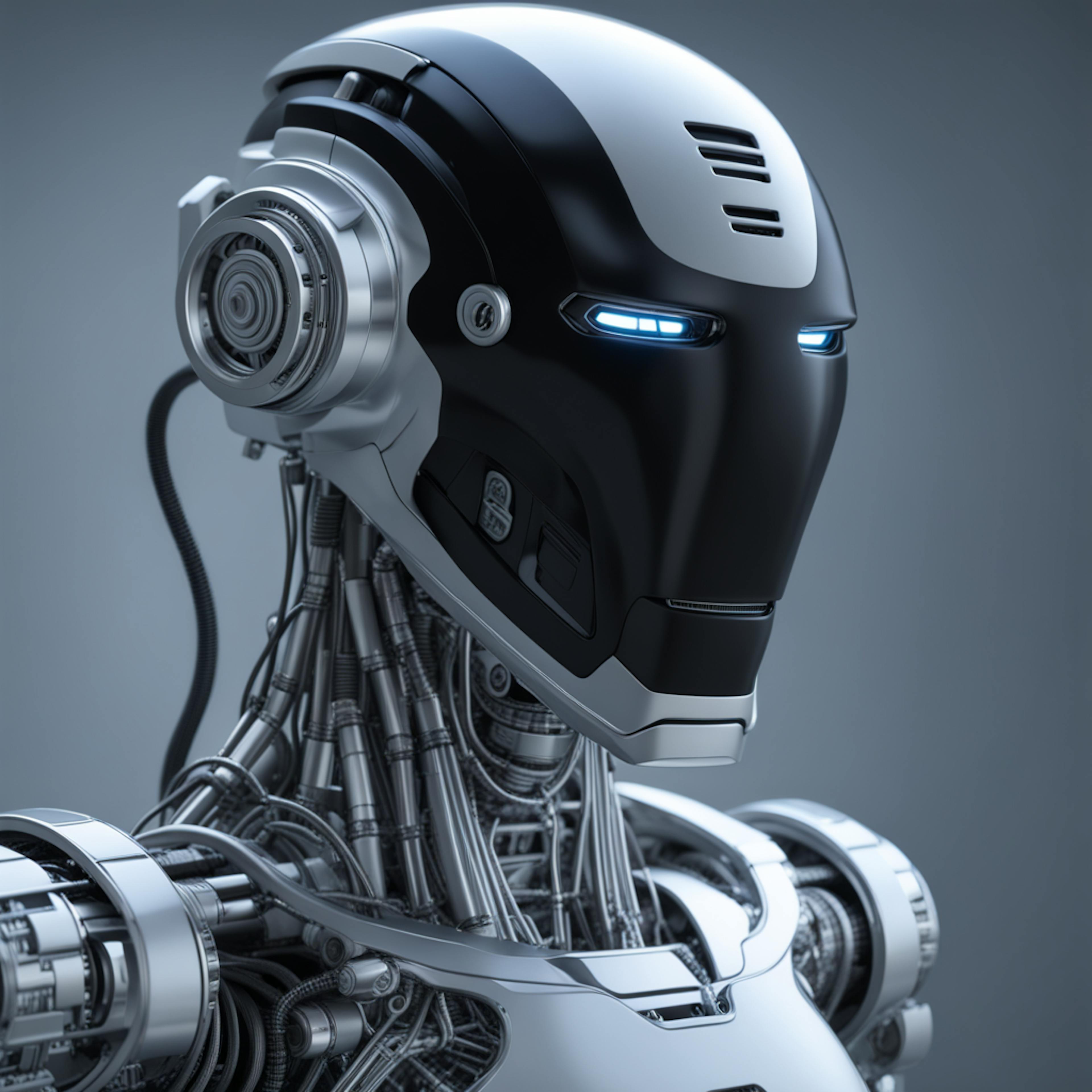 A sleek humanoid robot with a black and silver design, featuring illuminated blue eyes and intricate mechanical components, showcasing the concept of "wireframe AI" in futuristic robotics.