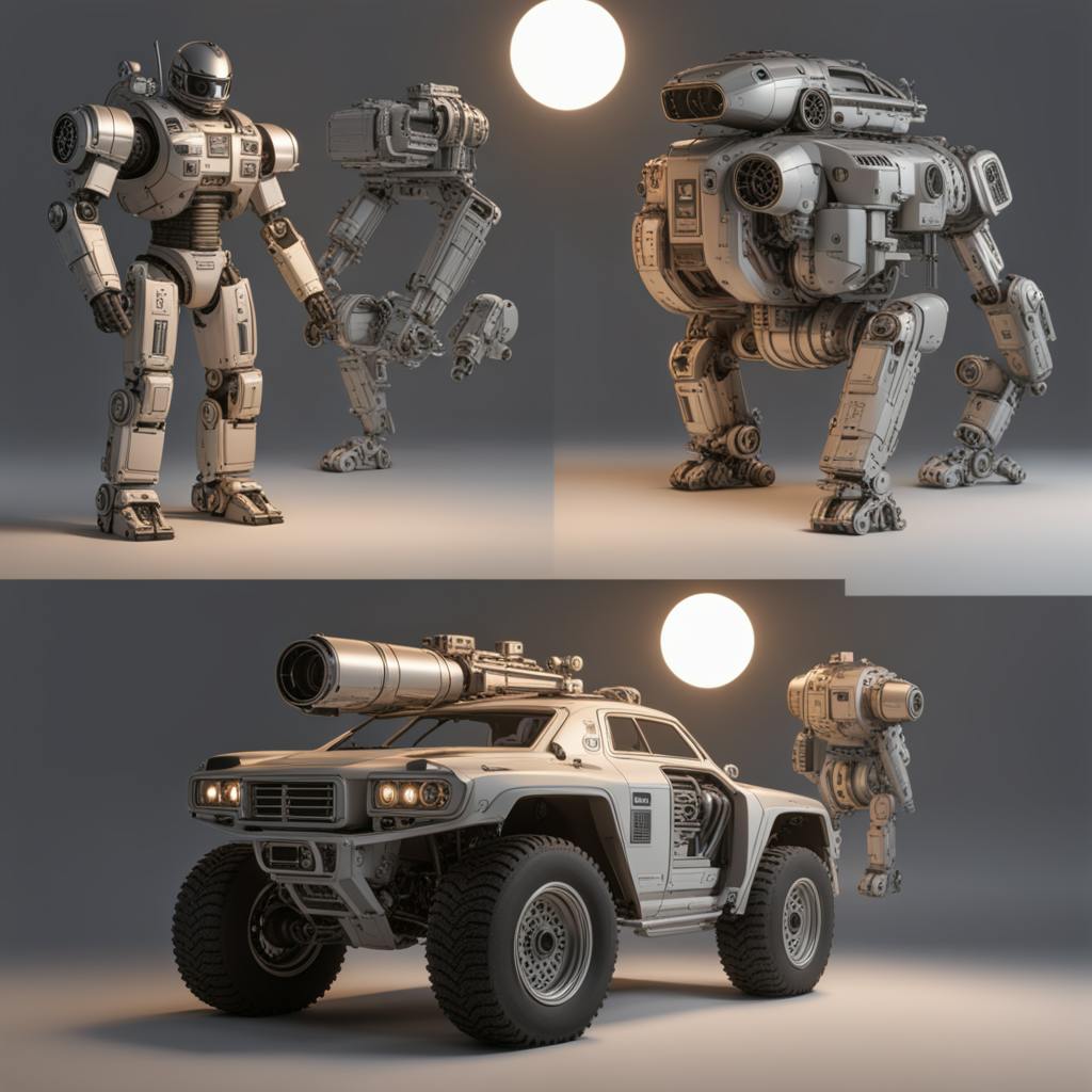 A composition of detailed AI-generated mechs and futuristic vehicles set against a neutral background with glowing orbs. The designs showcase cutting-edge mechanical structures, reinforcing AI's potential in concept art, game development, and futuristic vehicle prototyping.