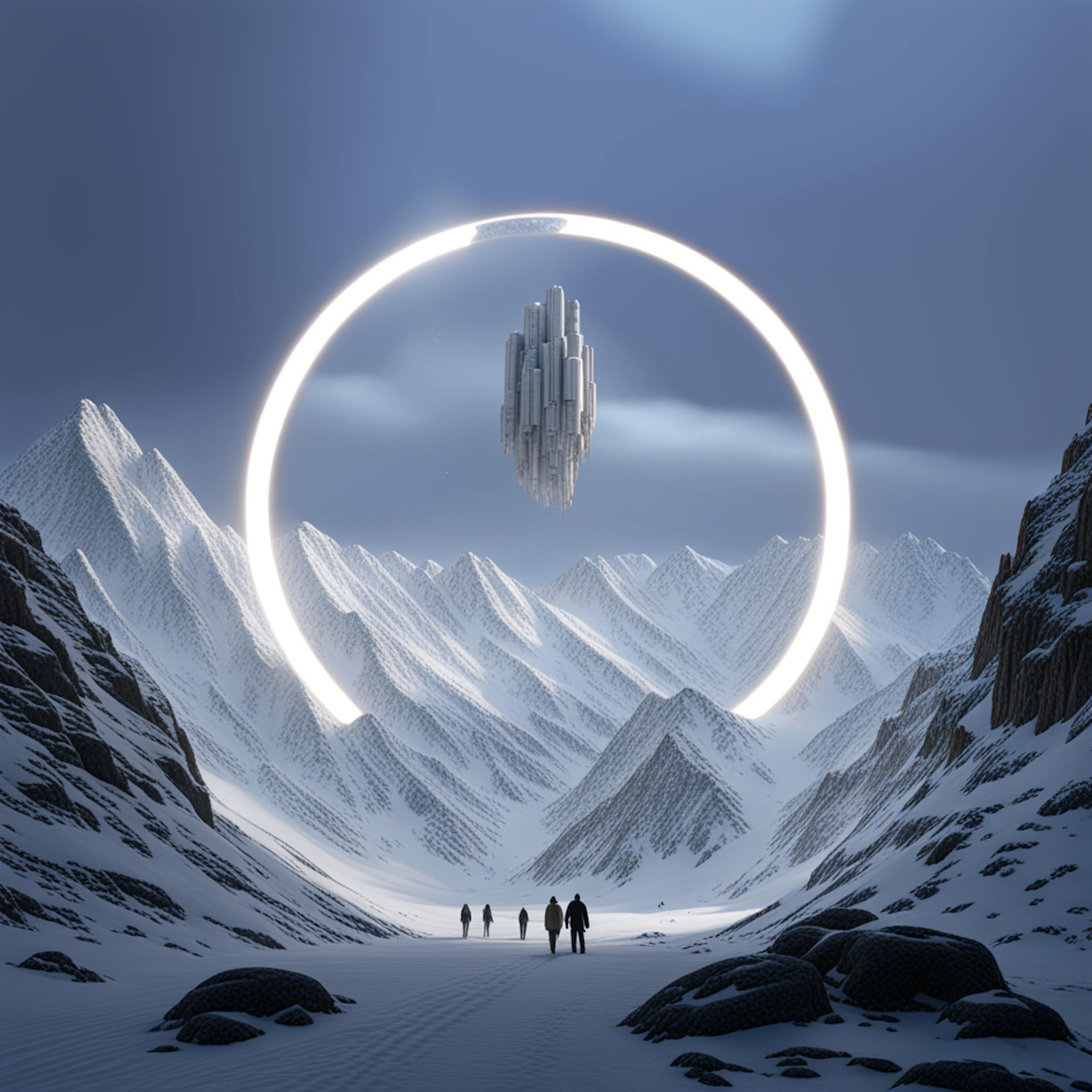 A surreal landscape features a futuristic, glowing city hovering inside a bright, circular light structure. Snow-covered mountains and human figures are silhouetted in the foreground. This visually captivating scene illustrates AI-inspired concepts for worldbuilding in science fiction design and storytelling.