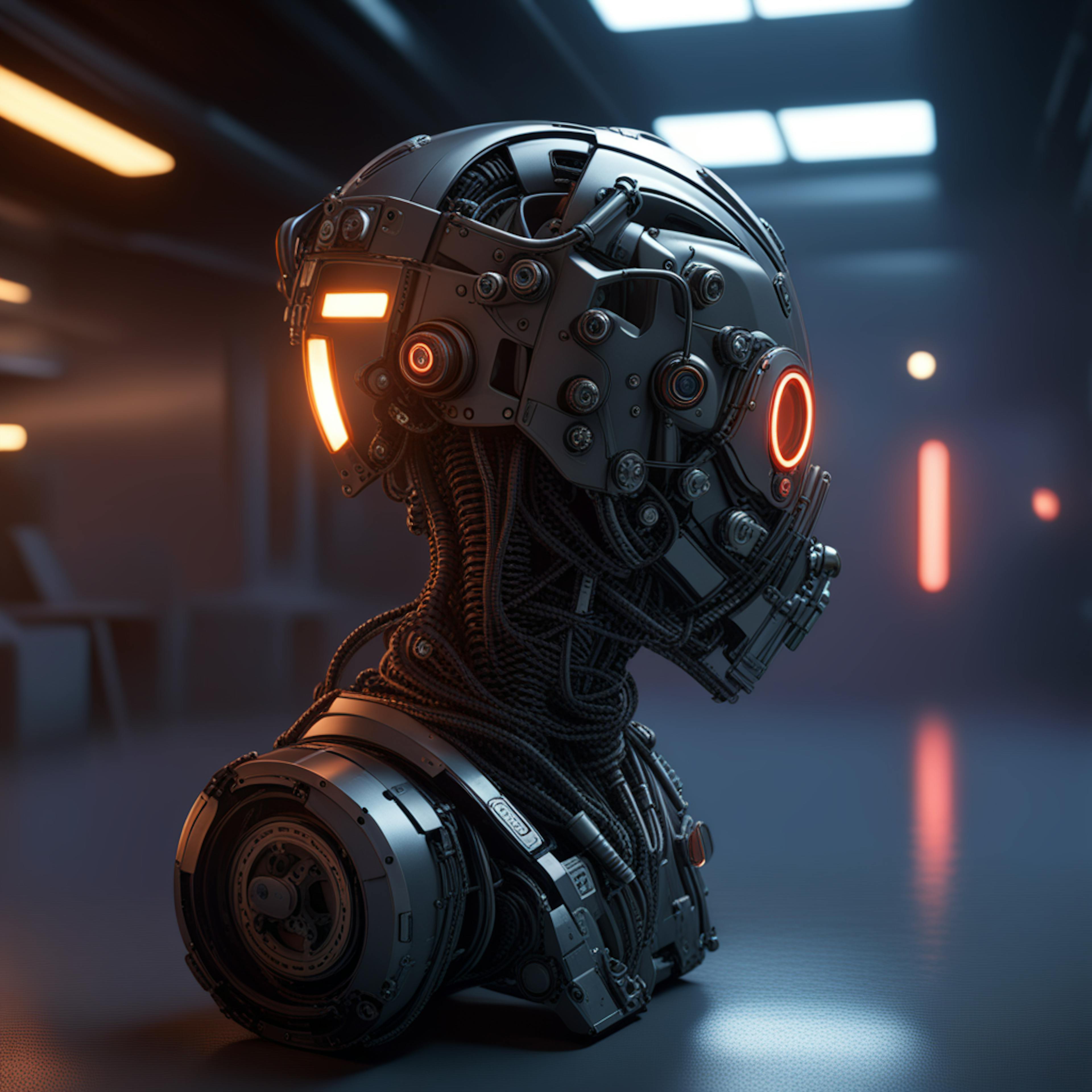 A close-up of a futuristic humanoid robotic head with intricate mechanical details, cables, and glowing orange lights. The setting is a dimly lit industrial environment, highlighting AI's role in robotics design, cybernetic systems, and advanced technology.