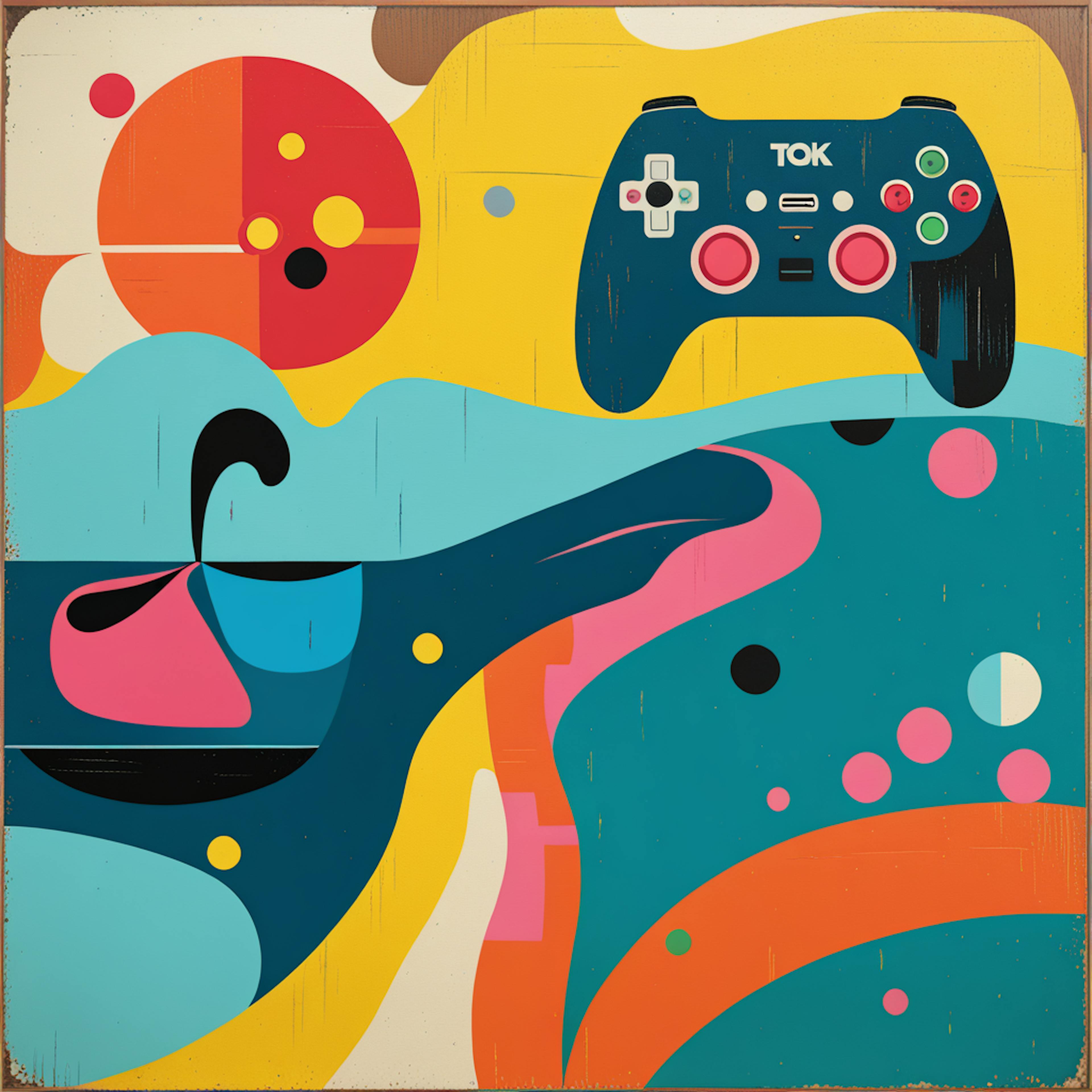 An abstract design combines vivid, playful shapes and a modern gaming controller. The whimsical layout captures video game iconography, symbolizing the evolution of gaming culture with bright colors and dynamic patterns.