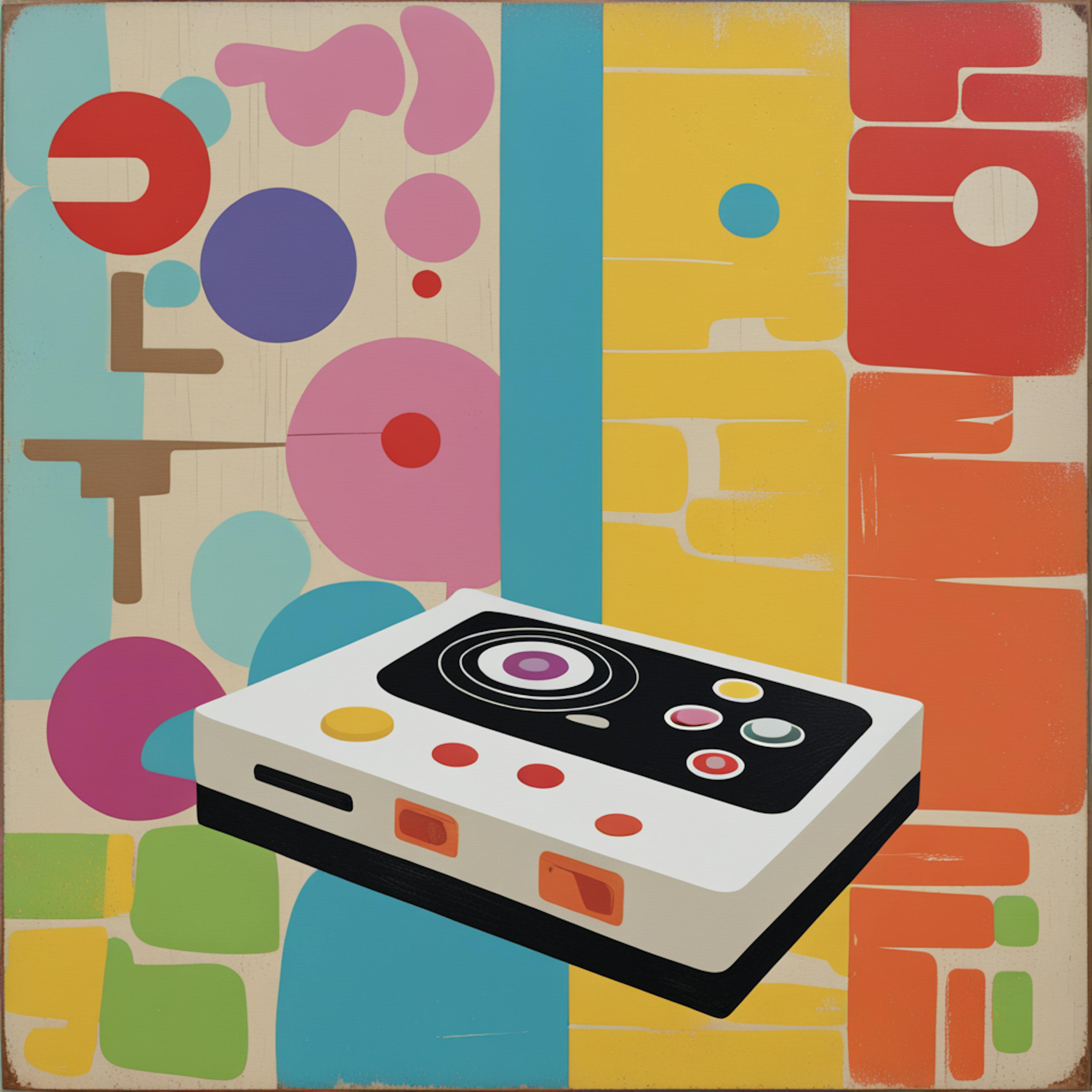 A vibrant, stylized illustration features a retro gaming console set against a multicolored geometric background. The bold composition highlights video game iconography through dynamic use of color and shapes, evoking nostalgia for classic gaming eras.