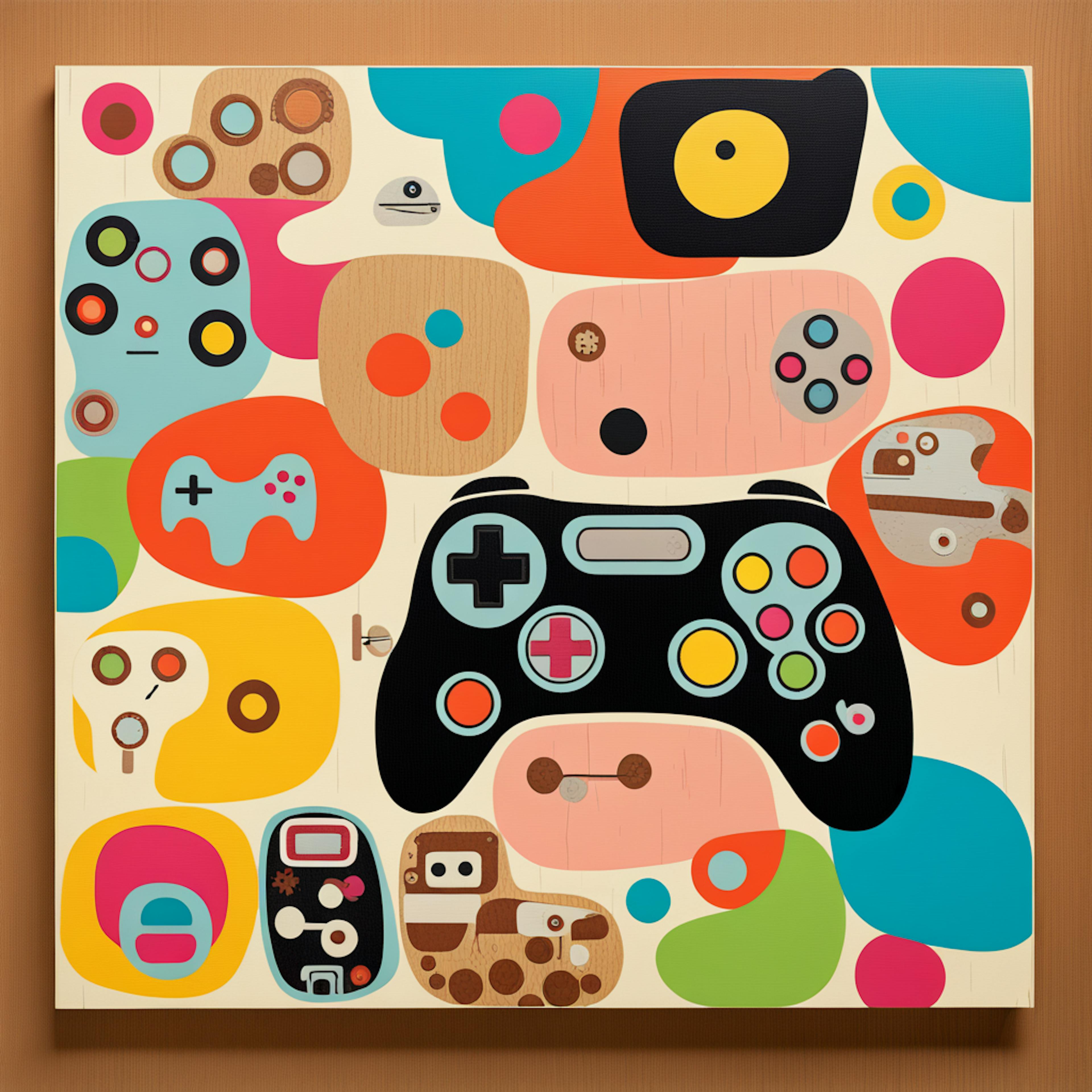 A modern gaming controller sits at the center of a visually striking collage filled with colorful shapes and nostalgic gaming elements. The artwork celebrates video game iconography, blending retro and contemporary designs to showcase the rich history of gaming.