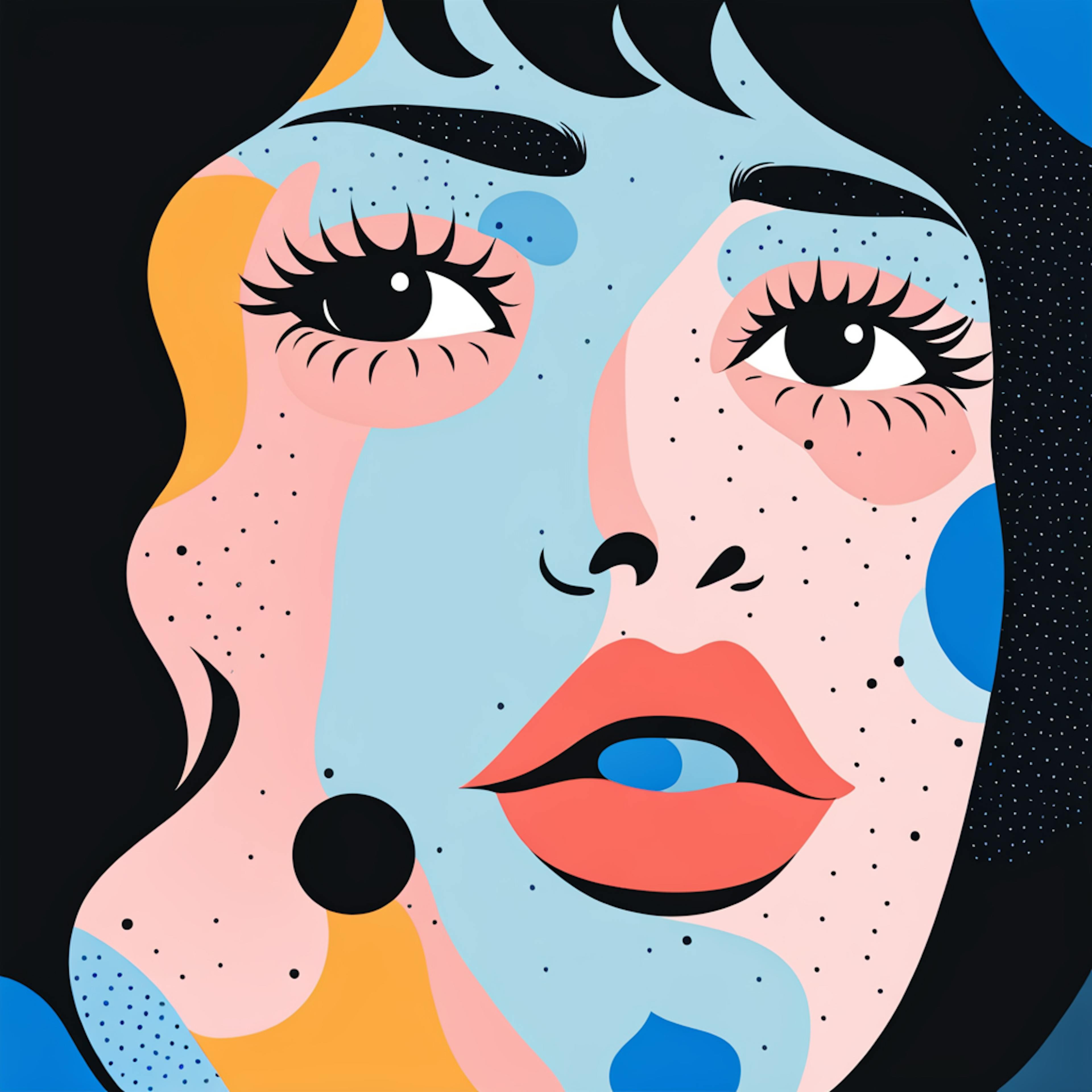 A striking abstract composition portraying a woman's face through layered colors and flowing patterns. The artwork combines modern iconography in art with digital illustration, emphasizing expression, beauty, and complexity through shapes, symmetry, and dynamic color blocking.