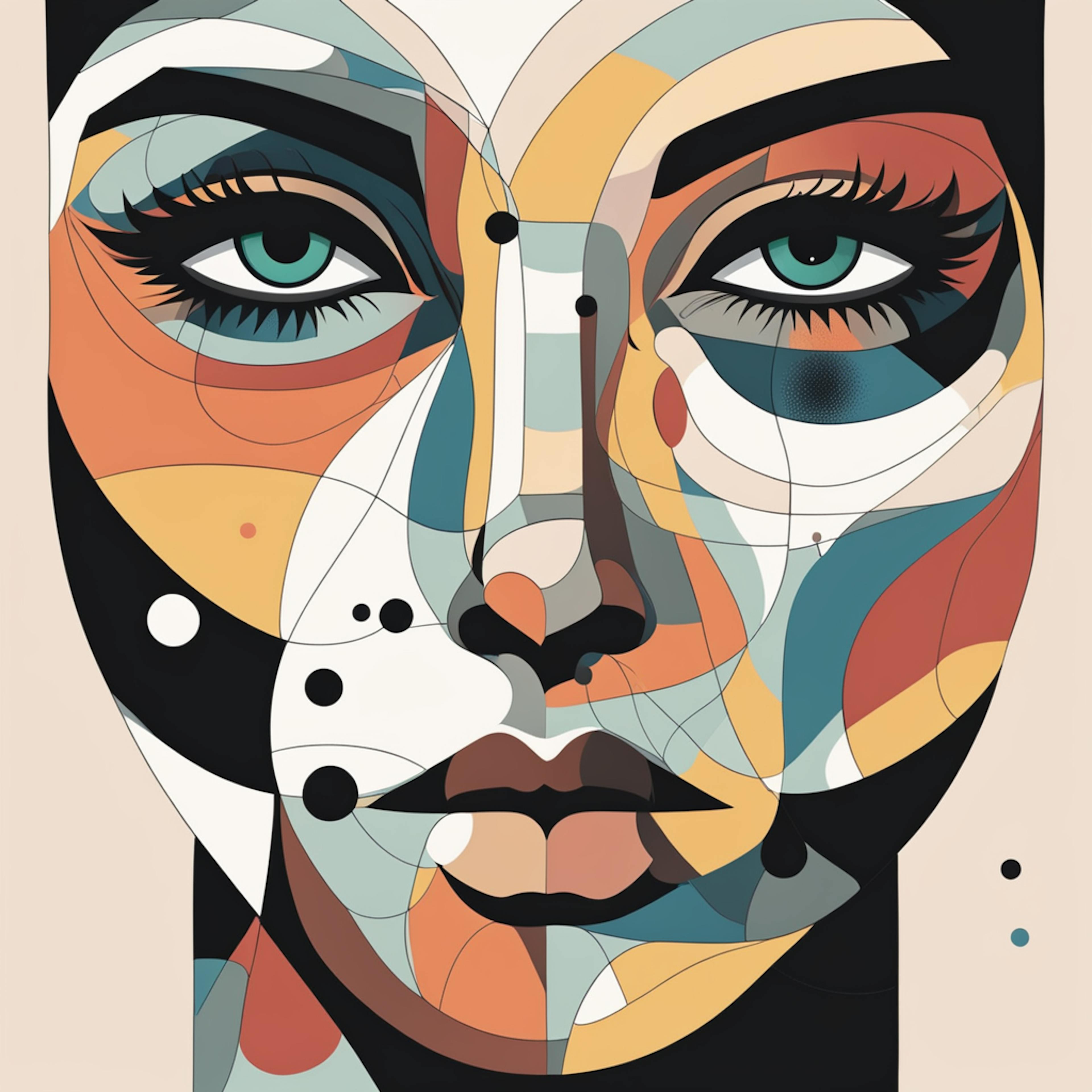 This artistic depiction features an intricate portrait of a female face constructed using geometric segments and color layers. The design encapsulates iconography in art by transforming natural features into structured, flowing forms, merging modern aesthetics with traditional portrait themes.