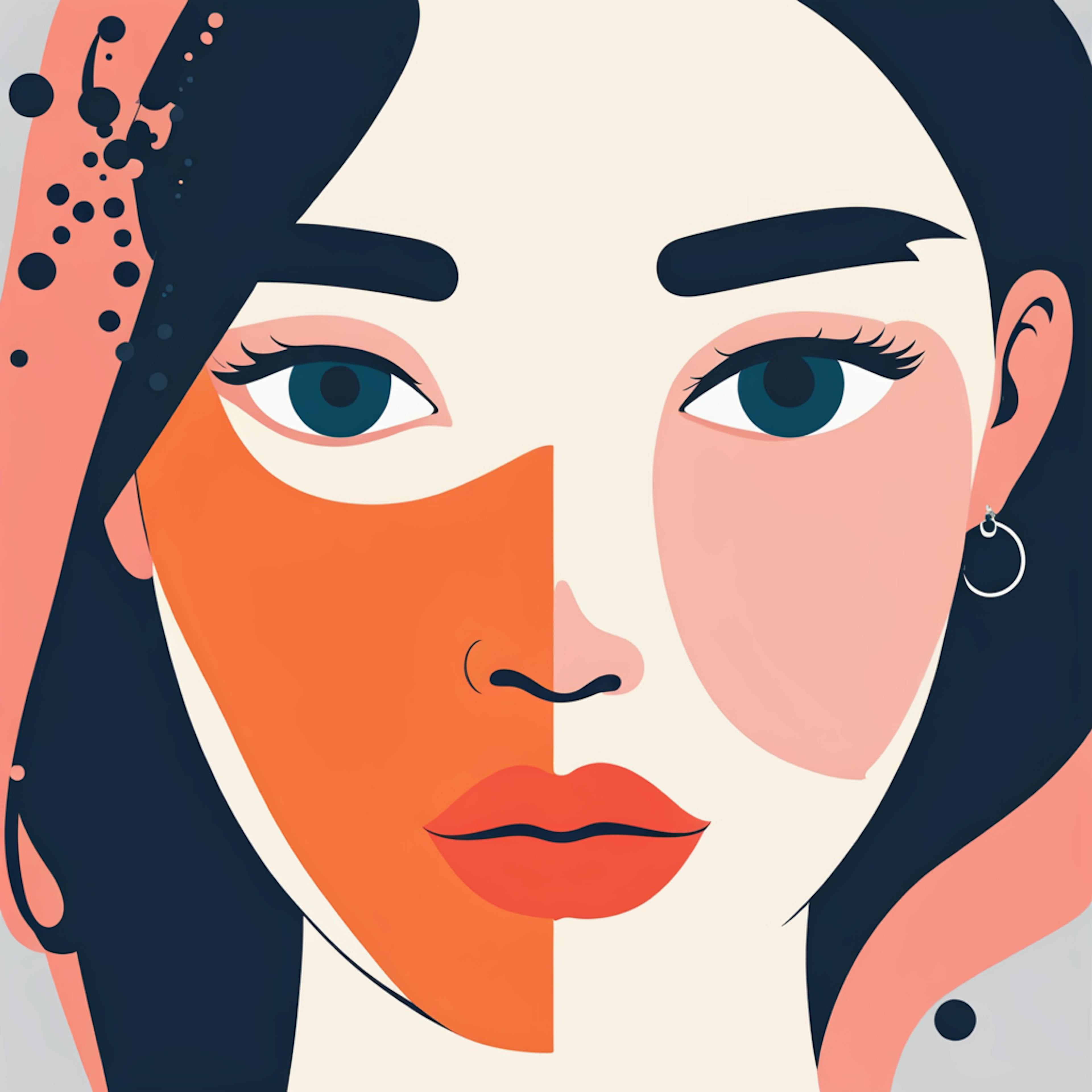 a contemporary and stylized female portrait created with bold colors, geometric shapes, and abstract elements. The juxtaposition of vibrant tones and minimalist features highlights the concept of iconography in art, blending realism with digital abstraction to convey emotion and structure.