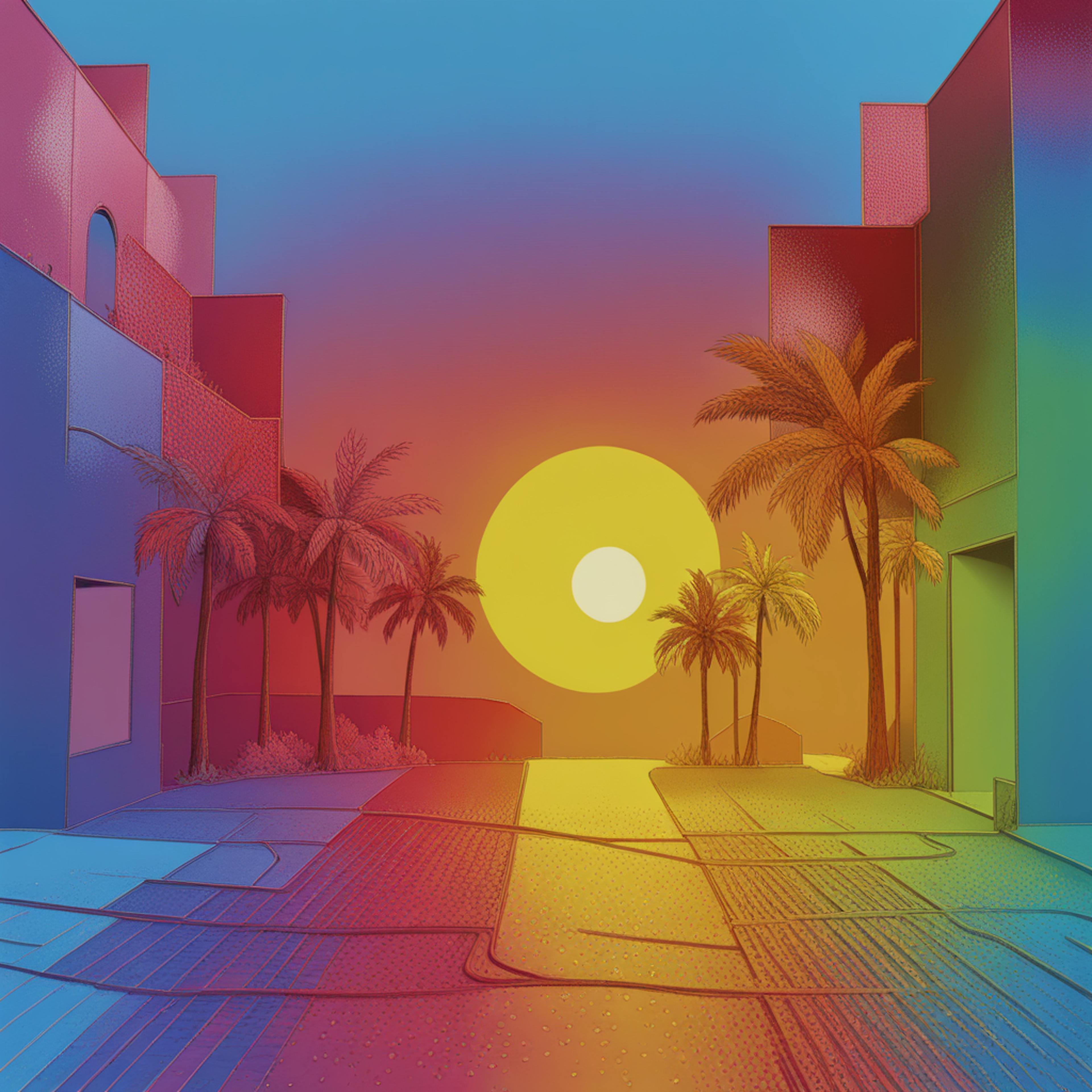 A vibrant digital illustration of a stylized sunset with bold red, orange, and blue tones over a modern urban landscape featuring silhouettes of palm trees. This colorful composition reflects "what is heat mapping in graphic design" with its use of vivid gradients and eye-catching visual focus.