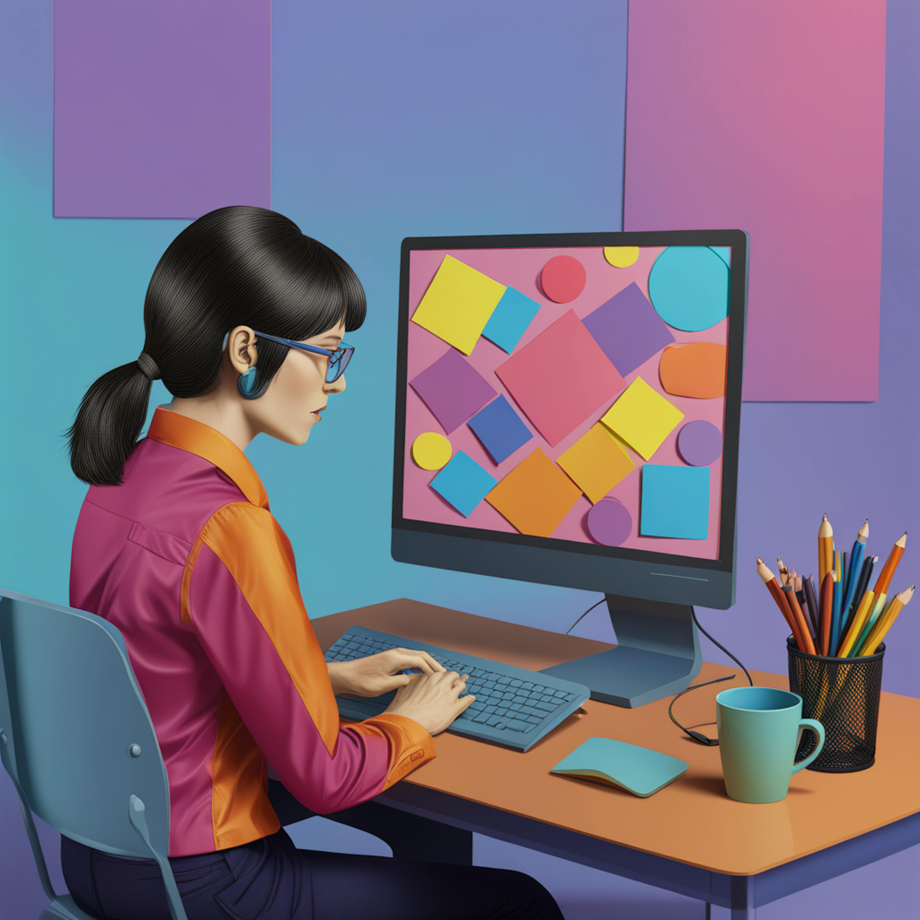 A female graphic designer seated at a tidy, modern desk, attentively working on a colorful display of shapes and patterns on her computer screen. Pencils, a coffee cup, and other creative tools surround her, symbolizing the hands-on nature of a graphic designer's work. This image answers "what do graphic designers do?" by depicting them in action, creating visual designs.