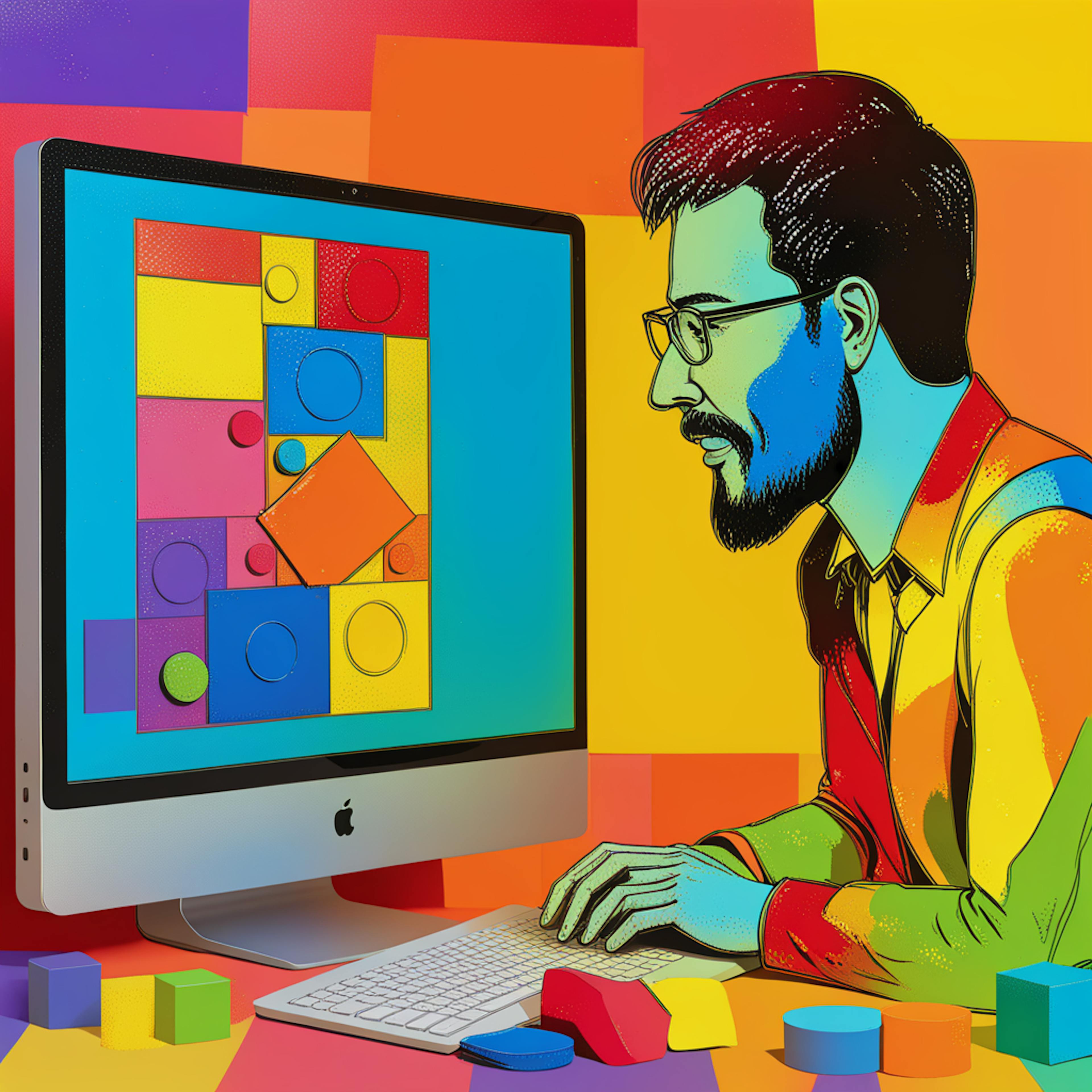 A colorful, stylized digital illustration of a graphic designer focused on their computer screen, which displays vibrant geometric shapes. The scene is surrounded by bold, bright colors, representing creativity. This image highlights the idea of "what do graphic designers do?" by showcasing their role in creating engaging visuals.