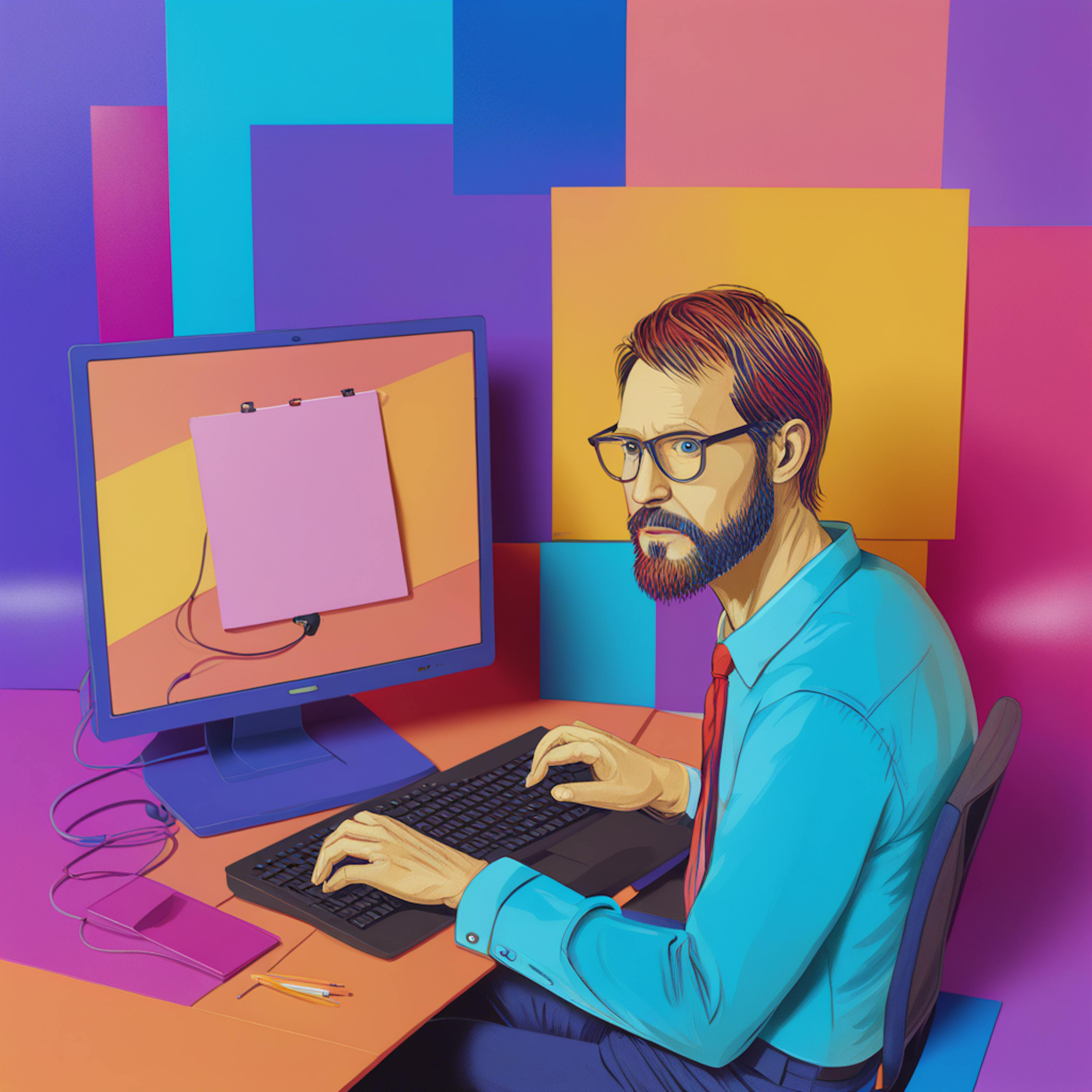 A modern digital workspace featuring a designer wearing glasses and working on a computer with abstract design elements displayed on the screen. The vivid color palette in the background emphasizes creativity and focus, illustrating "what do graphic designers do?" as they bring ideas to life using digital tools.