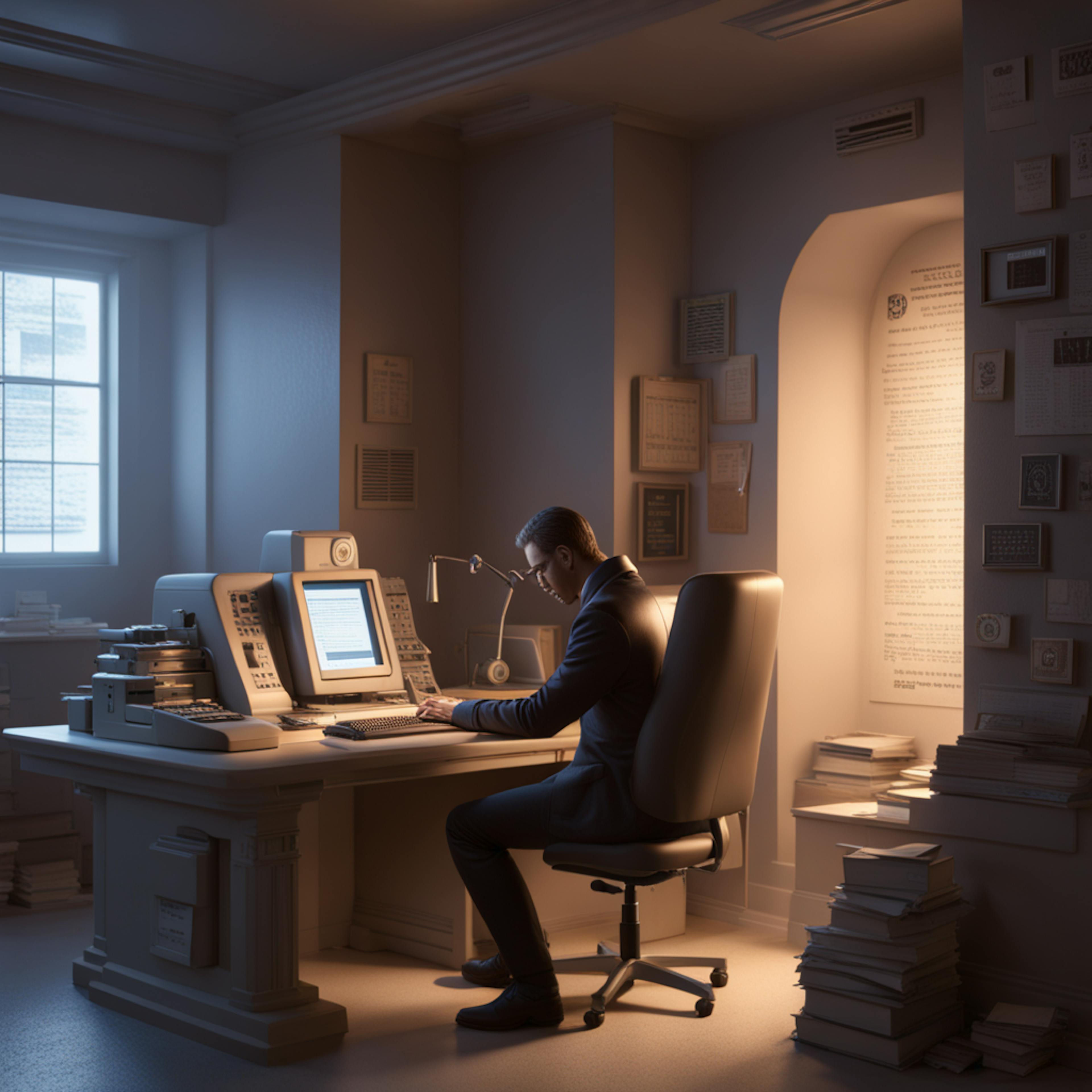 A man in a dark suit sits at an ornate, vintage-style desk typing on an old-fashioned computer, surrounded by stacks of books and papers. The dimly lit room features warm, glowing light emanating from a scroll-covered archway, creating an atmosphere of deep focus and research. Concept art reflecting the theme 'use AI to reverse prompt' in a retro-futuristic setting.