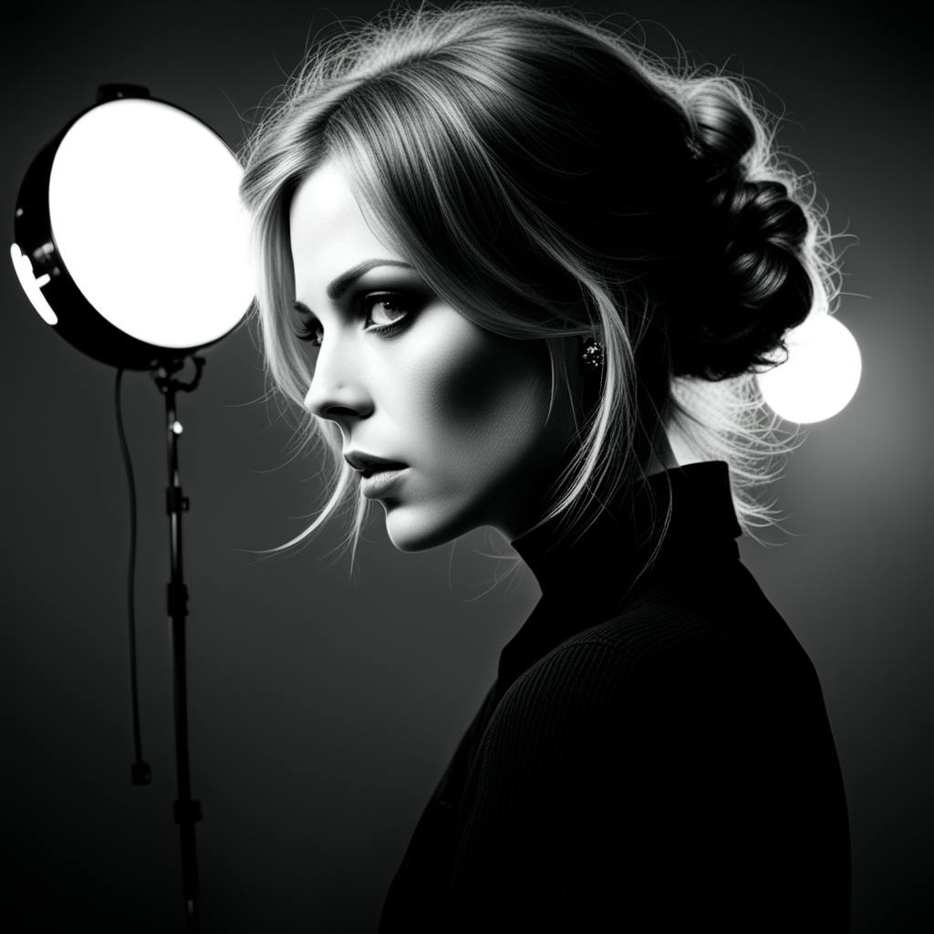 A monochromatic studio portrait of a woman with her hair elegantly styled in an updo, captured against professional lighting equipment. The polished image showcases soft lighting, defined features, and a dramatic atmosphere, emphasizing how you can use AI to polish professional photos.