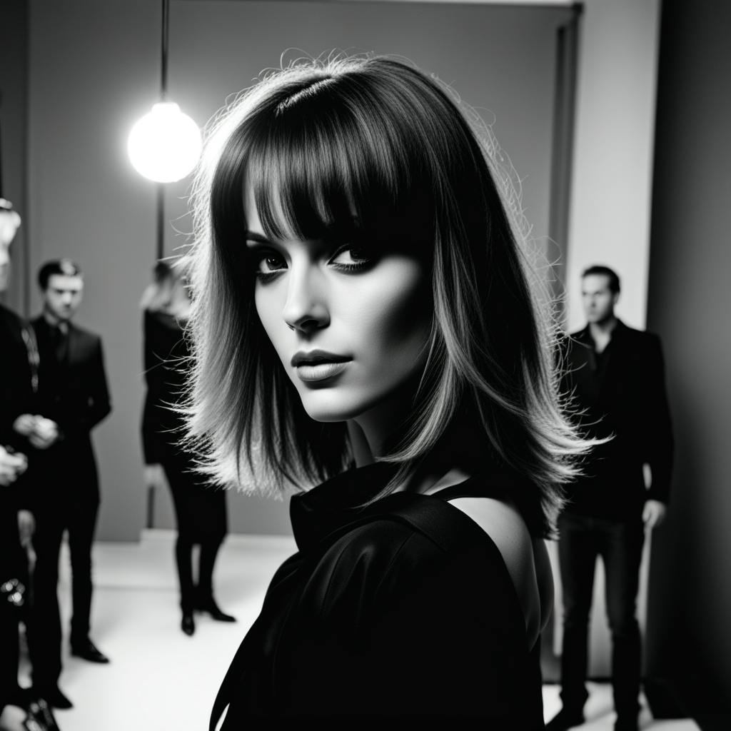A black-and-white portrait of a woman in a photoshoot setting with a group of blurred figures in the background. The lighting and focus are impeccably refined, demonstrating how you can use AI to polish professional photos.