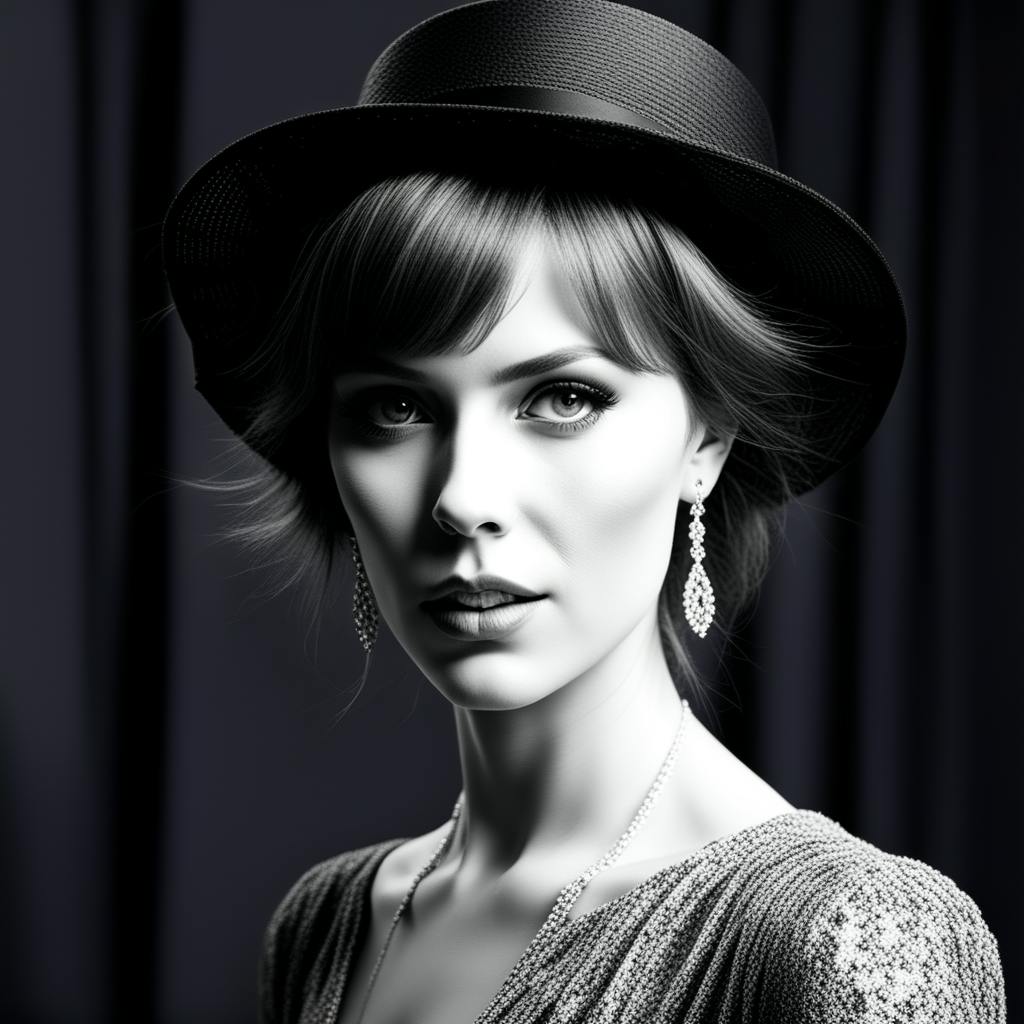A striking black-and-white image of a woman wearing a stylish hat and glamorous earrings, exuding vintage elegance. AI enhancements make the photo clean and detailed, focusing on texture, light contrast, and flawless tones, showing the potential to use AI to polish professional photos for a timeless result.