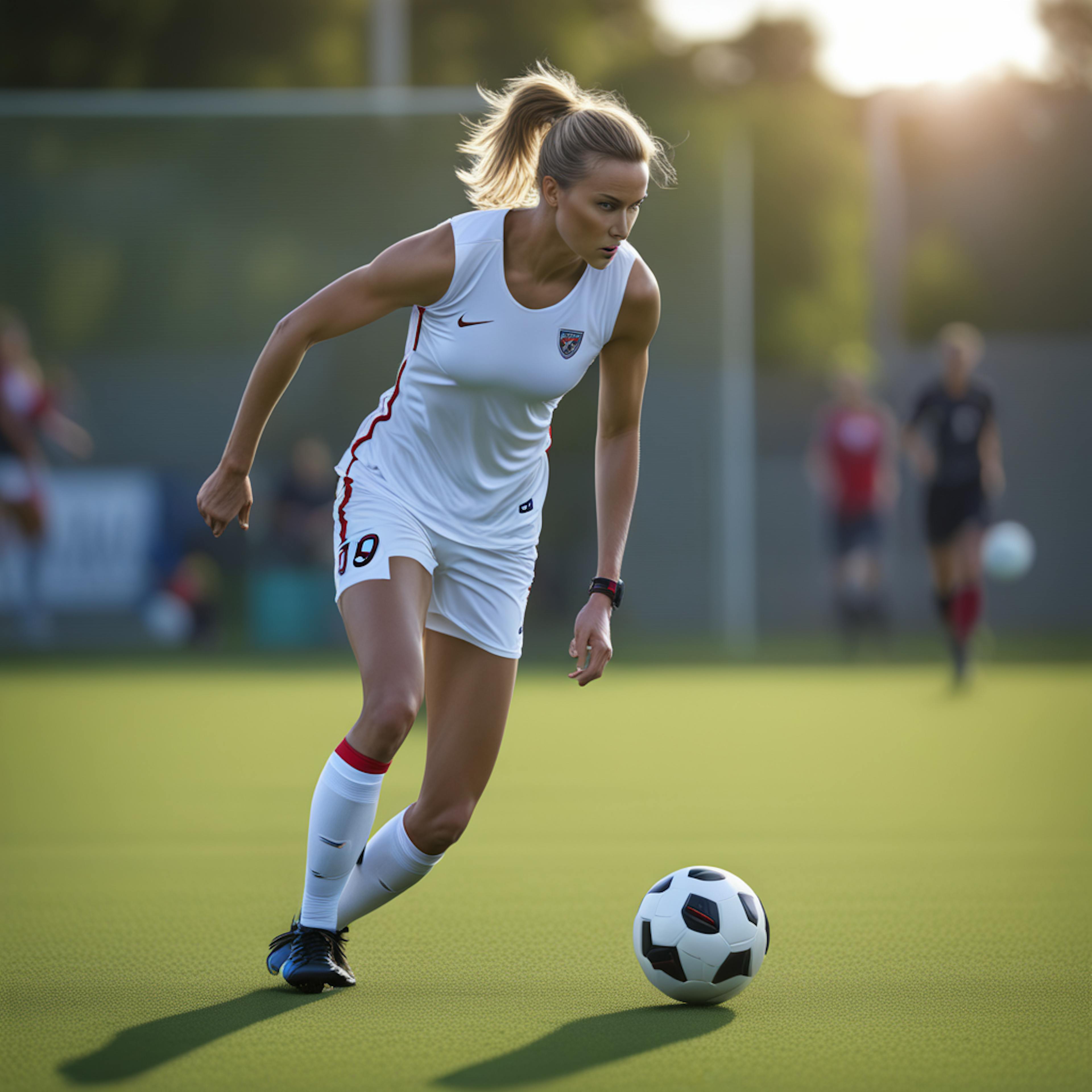 A focused female soccer player in a white uniform prepares to control a soccer ball during a game. The lush green field and distant players create a dynamic, sporty scene. Use AI to describe an image.