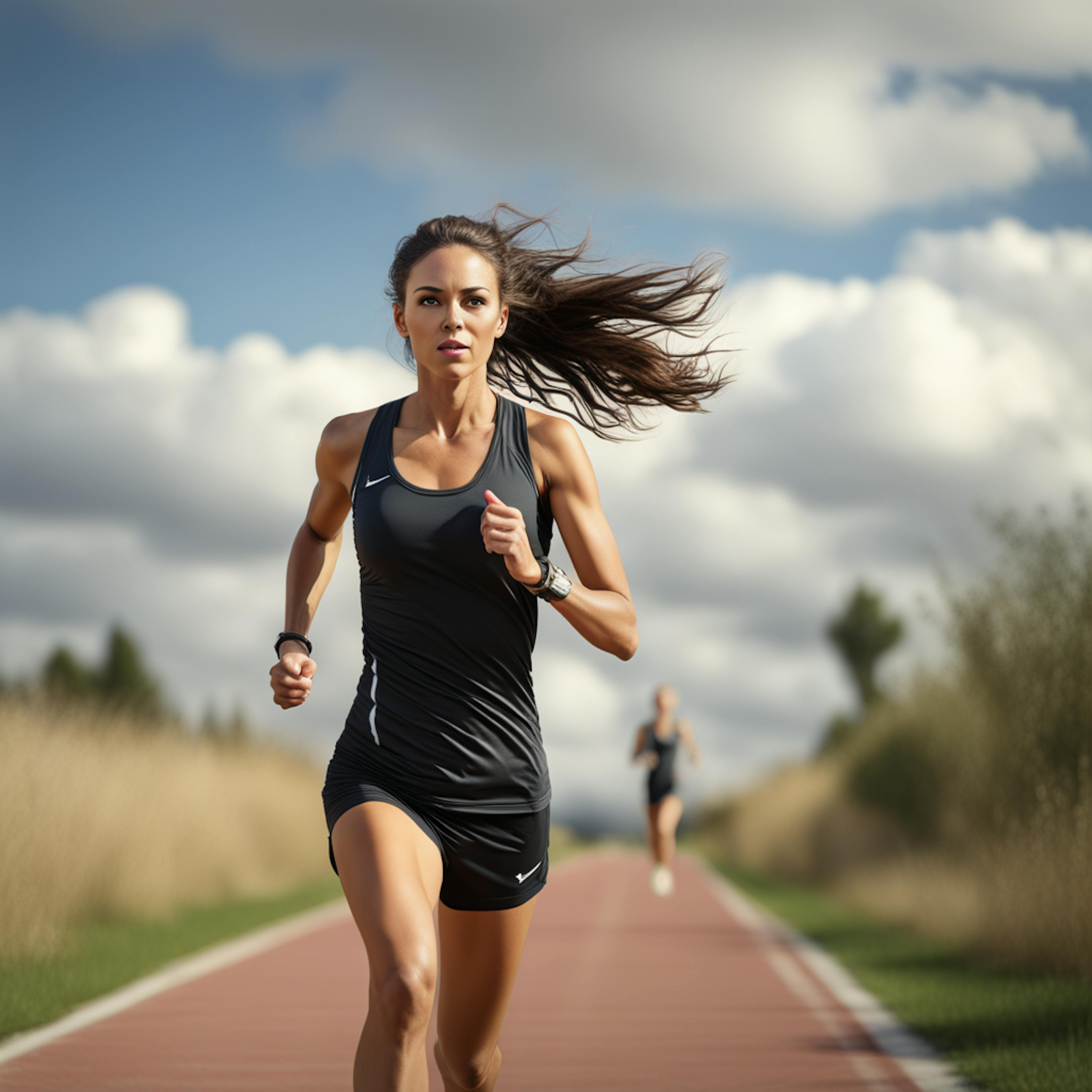 A female athlete with long flowing hair runs on a red track surrounded by golden fields and a blue sky filled with clouds. A second runner appears in the background. Use AI to describe an image.