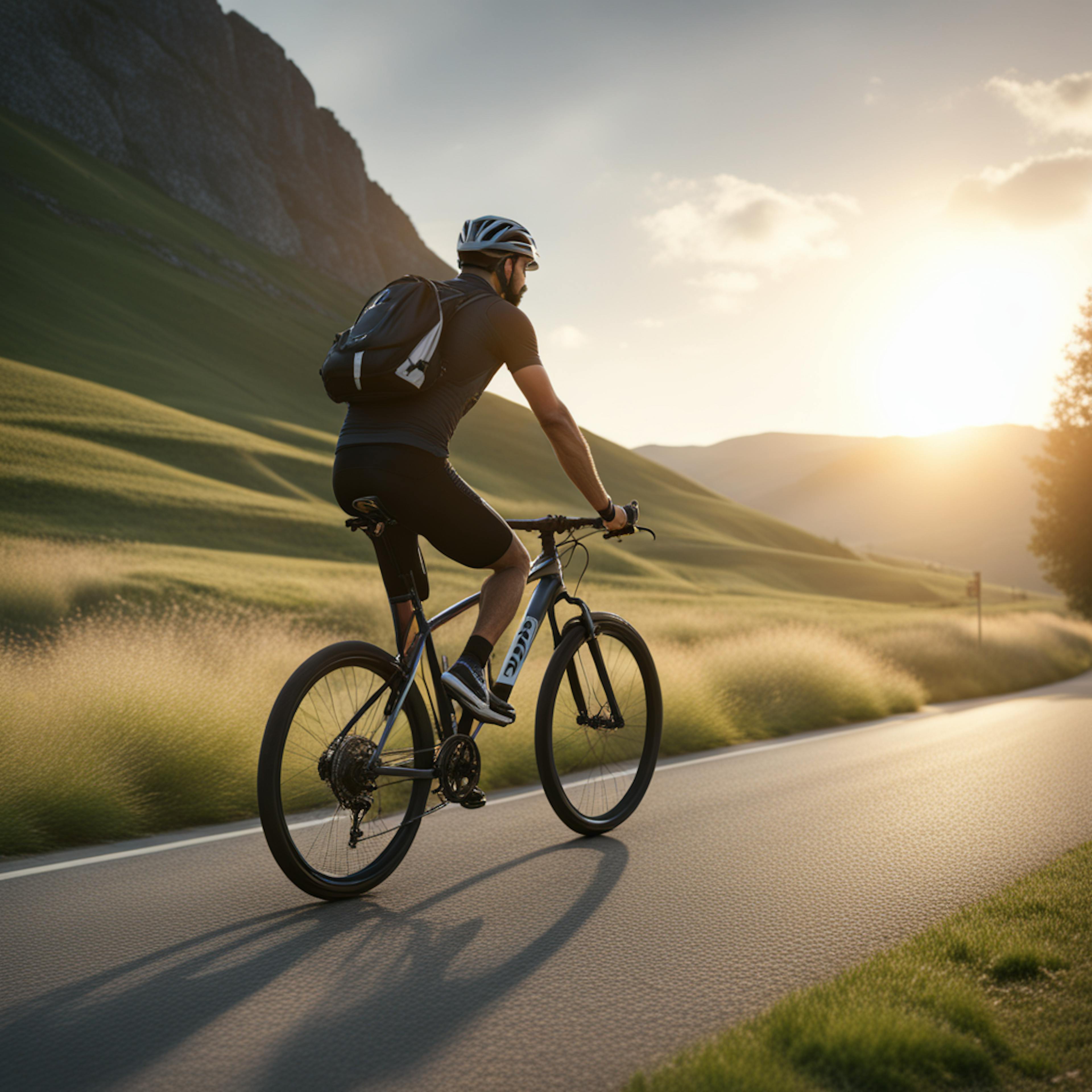 A cyclist wearing a helmet and backpack rides along a serene, sunlit road with rolling green hills and mountains in the background. The image captures the peaceful golden hour atmosphere. Use AI to describe an image