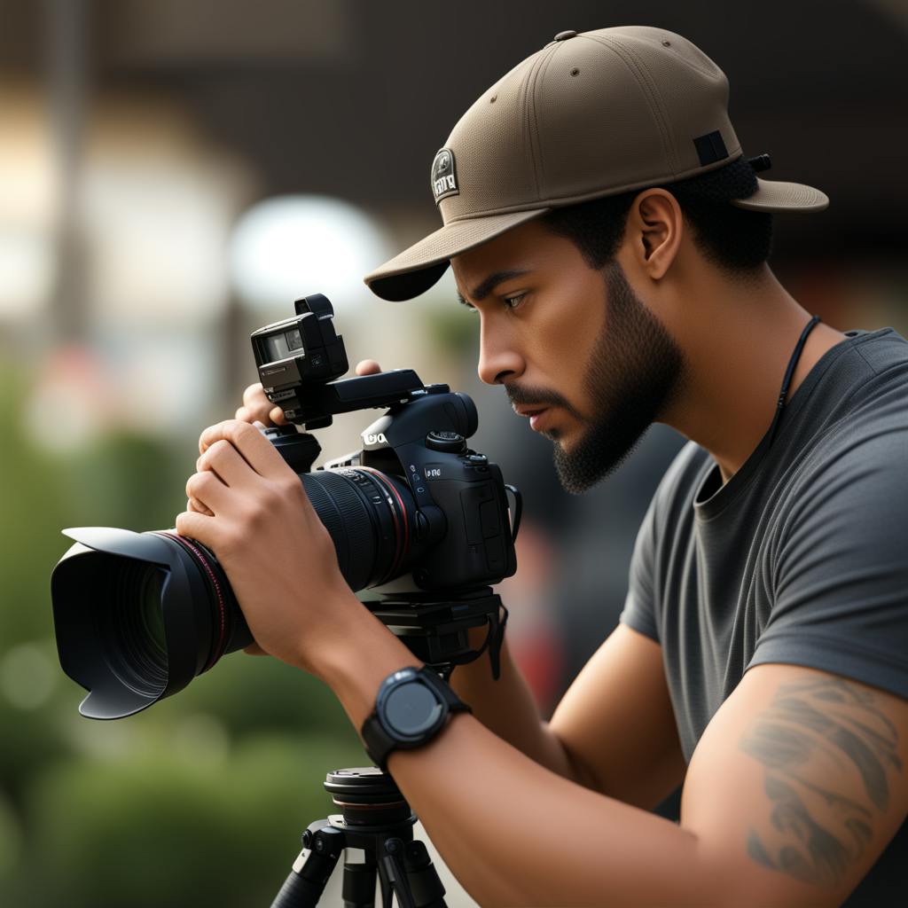 A young videographer wearing a cap and smartwatch adjusts a professional camera mounted on a tripod outdoors. His serious expression emphasizes concentration on the task at hand. "Use AI to describe a video shoot in natural light with outdoor conditions."