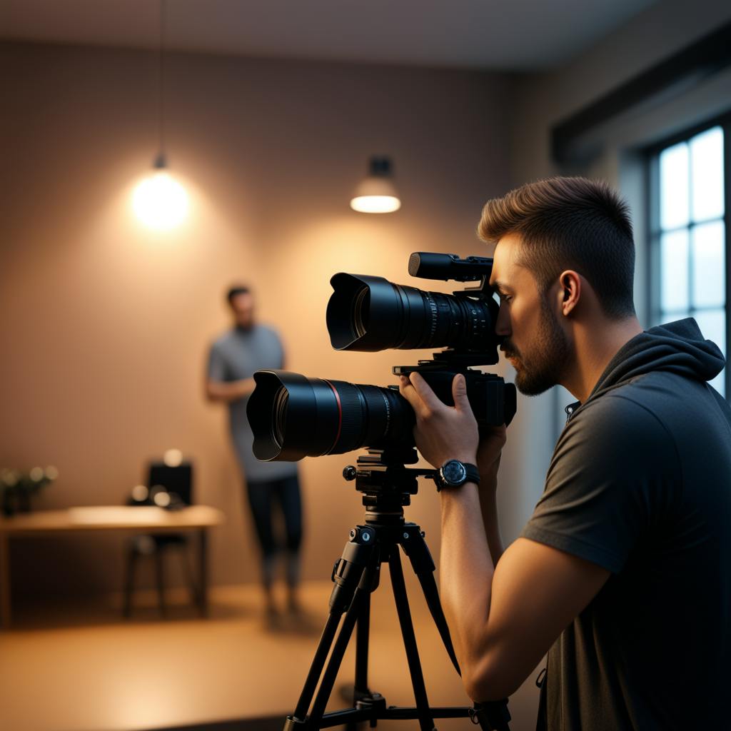 A focused photographer looks through the viewfinder of a large video camera on a tripod in a softly lit studio, capturing a subject in the distance. The scene highlights a professional video production setting. "Use AI to describe a video production setup with emphasis on studio lighting and camera gear.