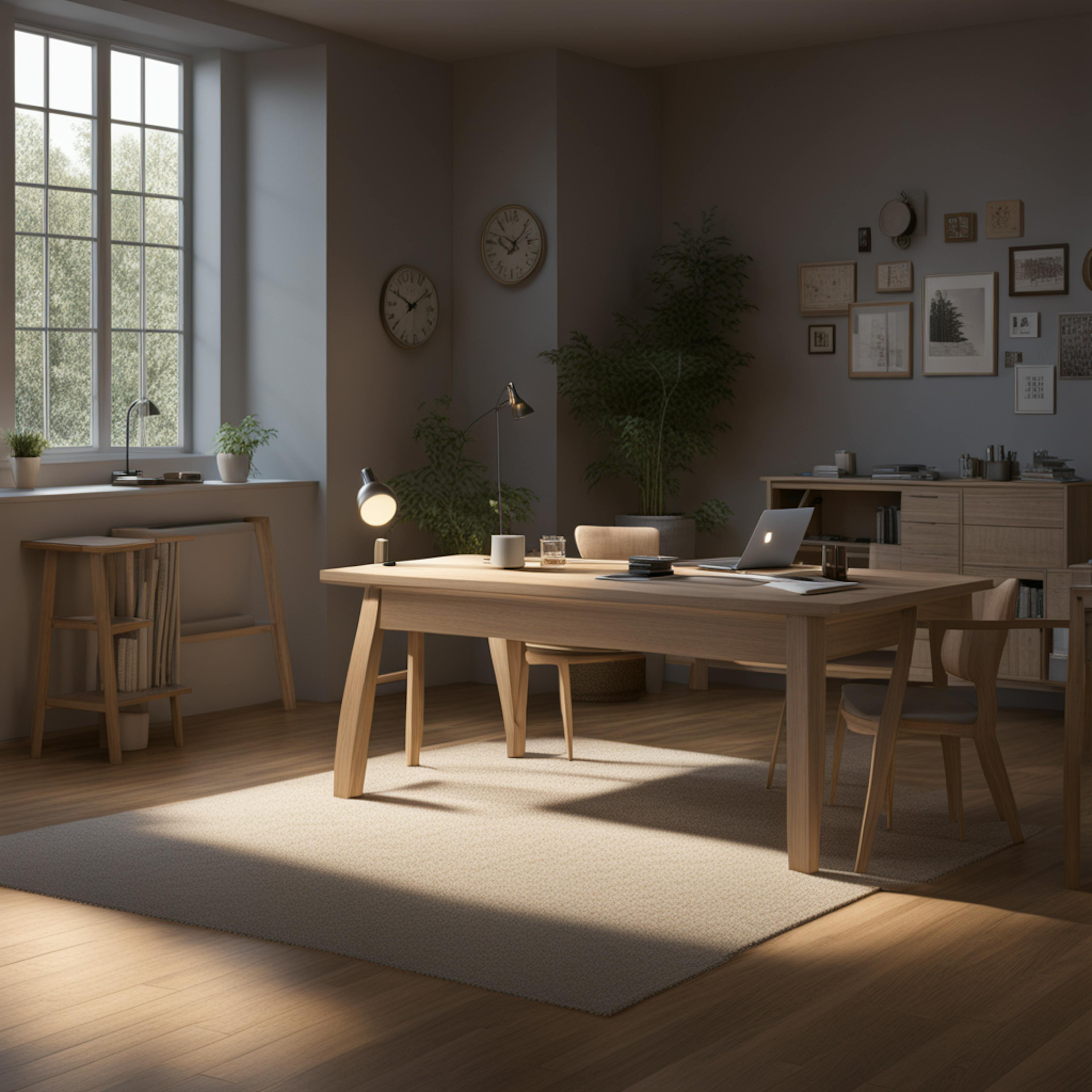 A serene home office setup with wooden furniture, natural light pouring through large windows, and minimalistic decor. This space fosters creativity and focus, ideal for "natural language processing research" and innovative thinking.