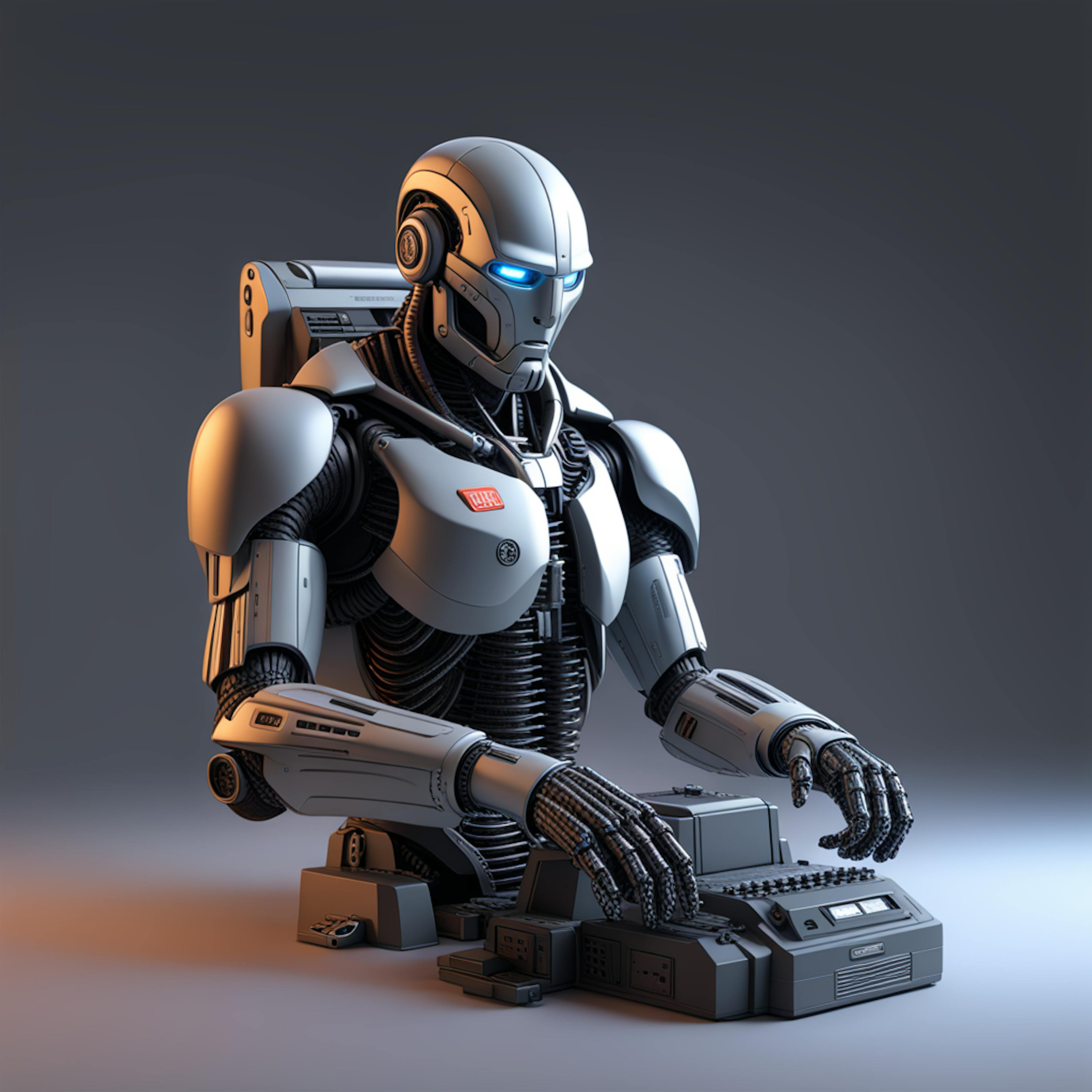 A futuristic robot seated at a workstation, operating a series of complex devices with precision. This image represents "natural language processing applications" in robotics, enhancing machine interaction and operational efficiency.