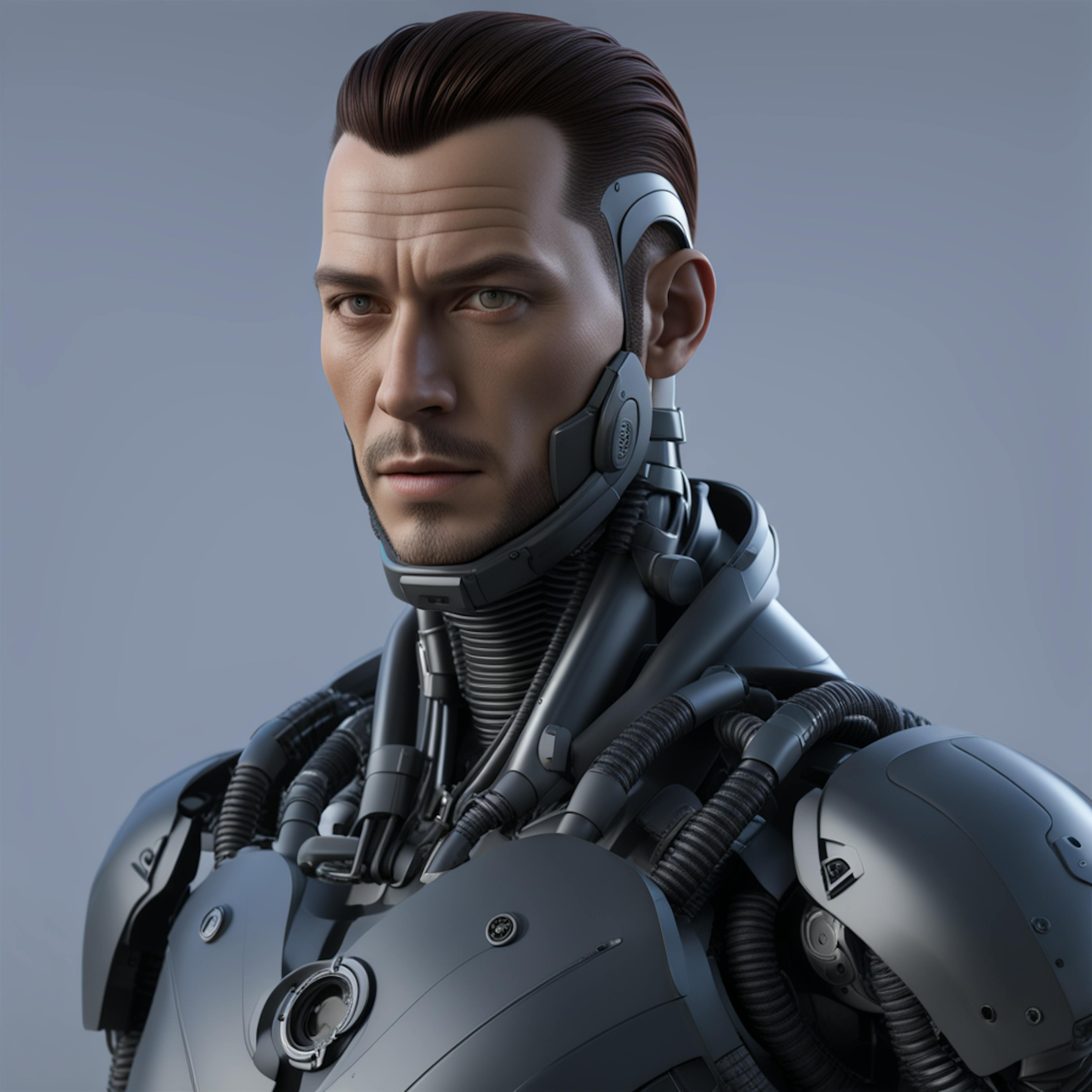 A humanoid cyborg with detailed mechanical features, blending human-like traits and advanced technology. This visual showcases "natural language processing applications" in creating responsive AI systems that mimic human understanding.