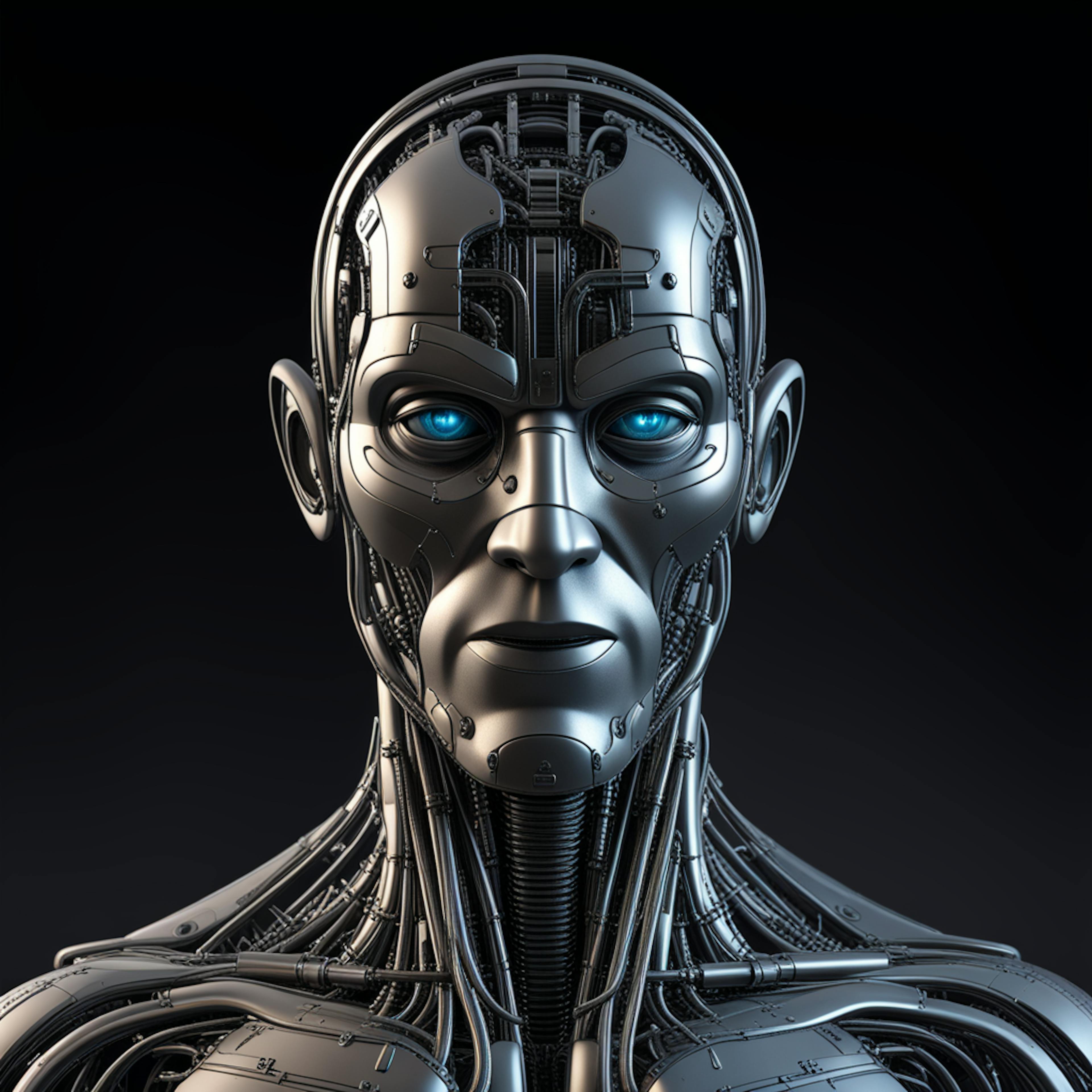 A close-up of a high-tech android with glowing blue eyes and intricate wiring. This image symbolizes "natural language processing applications" in enabling machines to process and respond to language with remarkable accuracy.