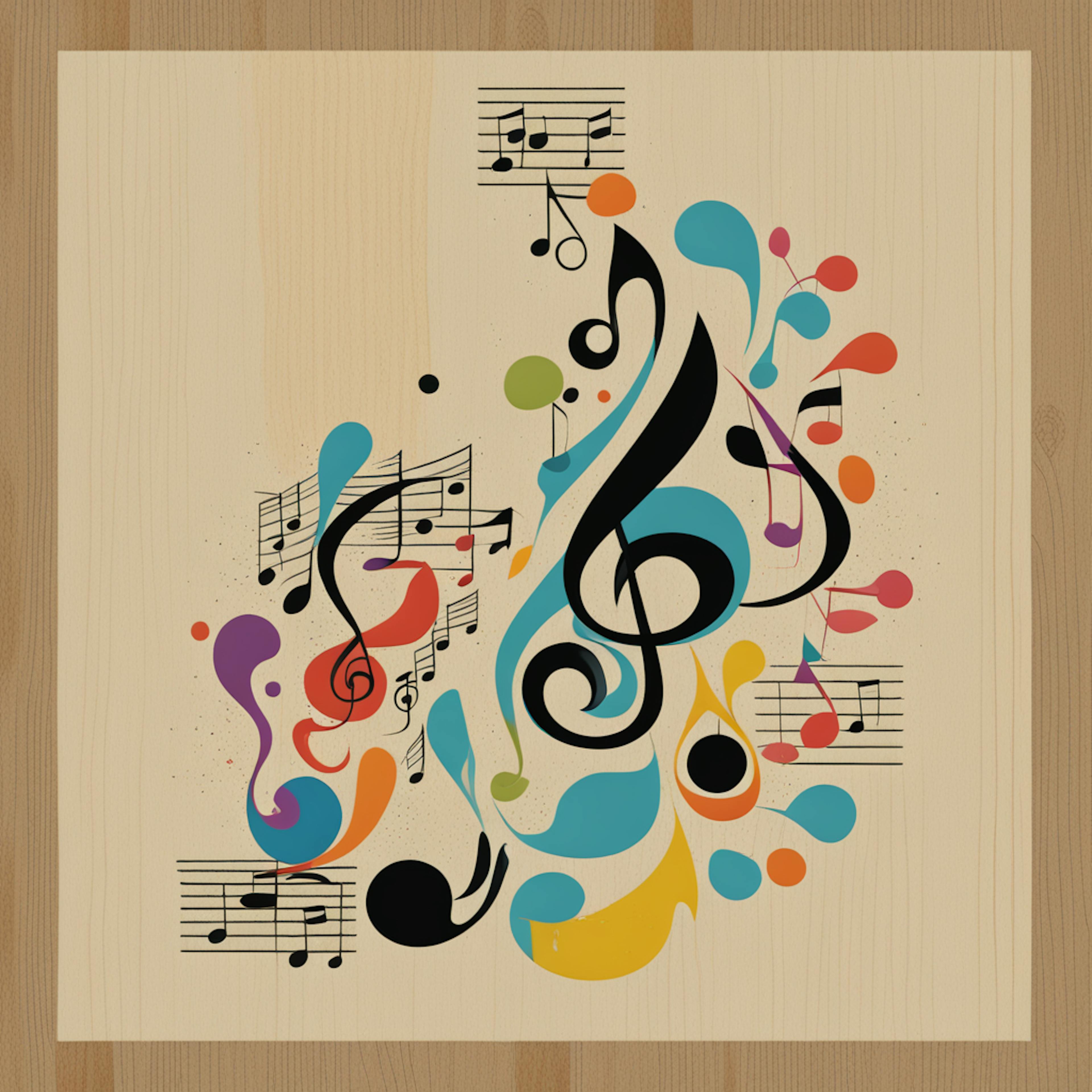 A dynamic composition of flowing lines, music notes, and vibrant splashes of color, representing the rhythm and creativity inherent in "music iconography."