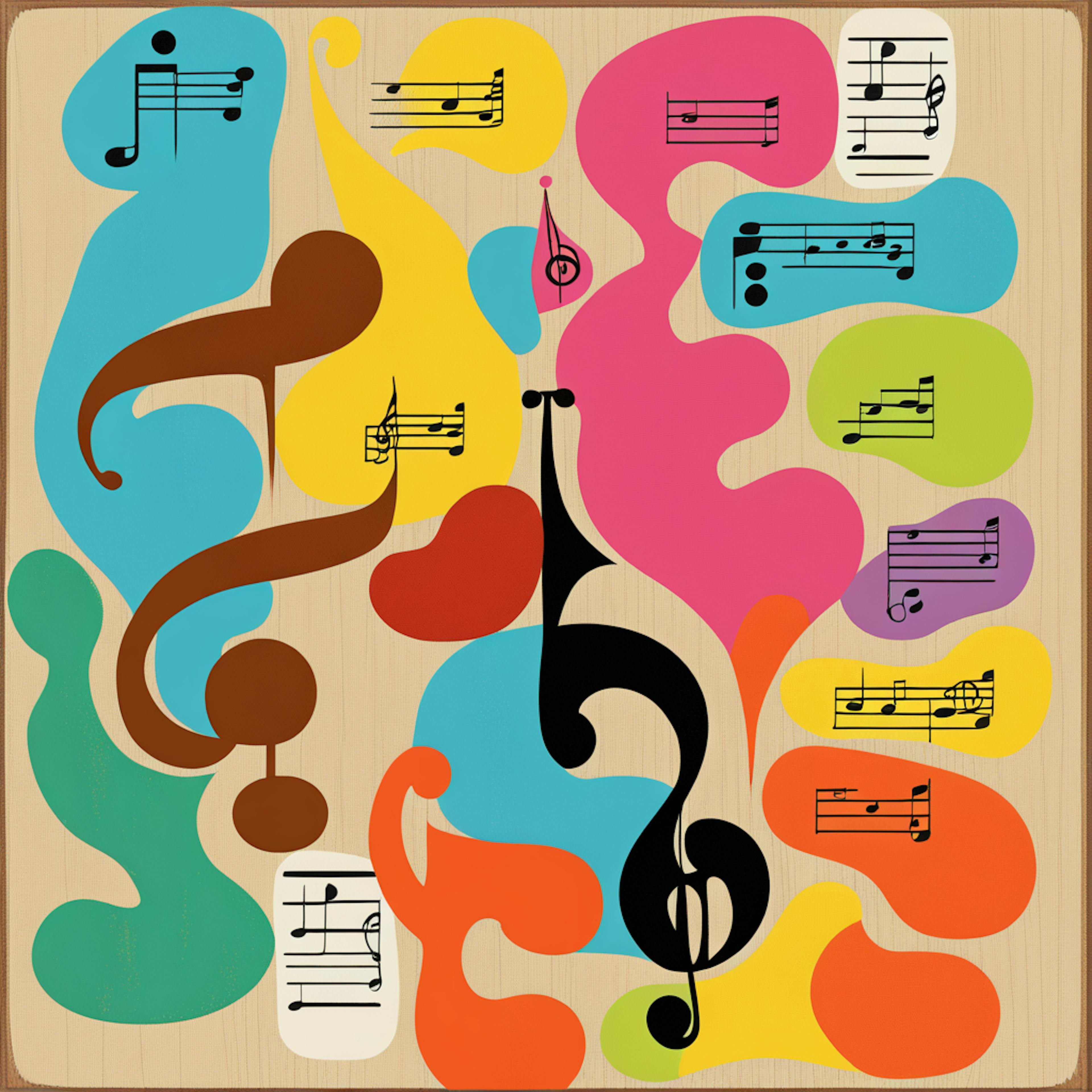 An abstract arrangement of colorful blobs interspersed with music notes and clefs, highlighting the fusion of art and sound in "music iconography" to convey the essence of musical expression.