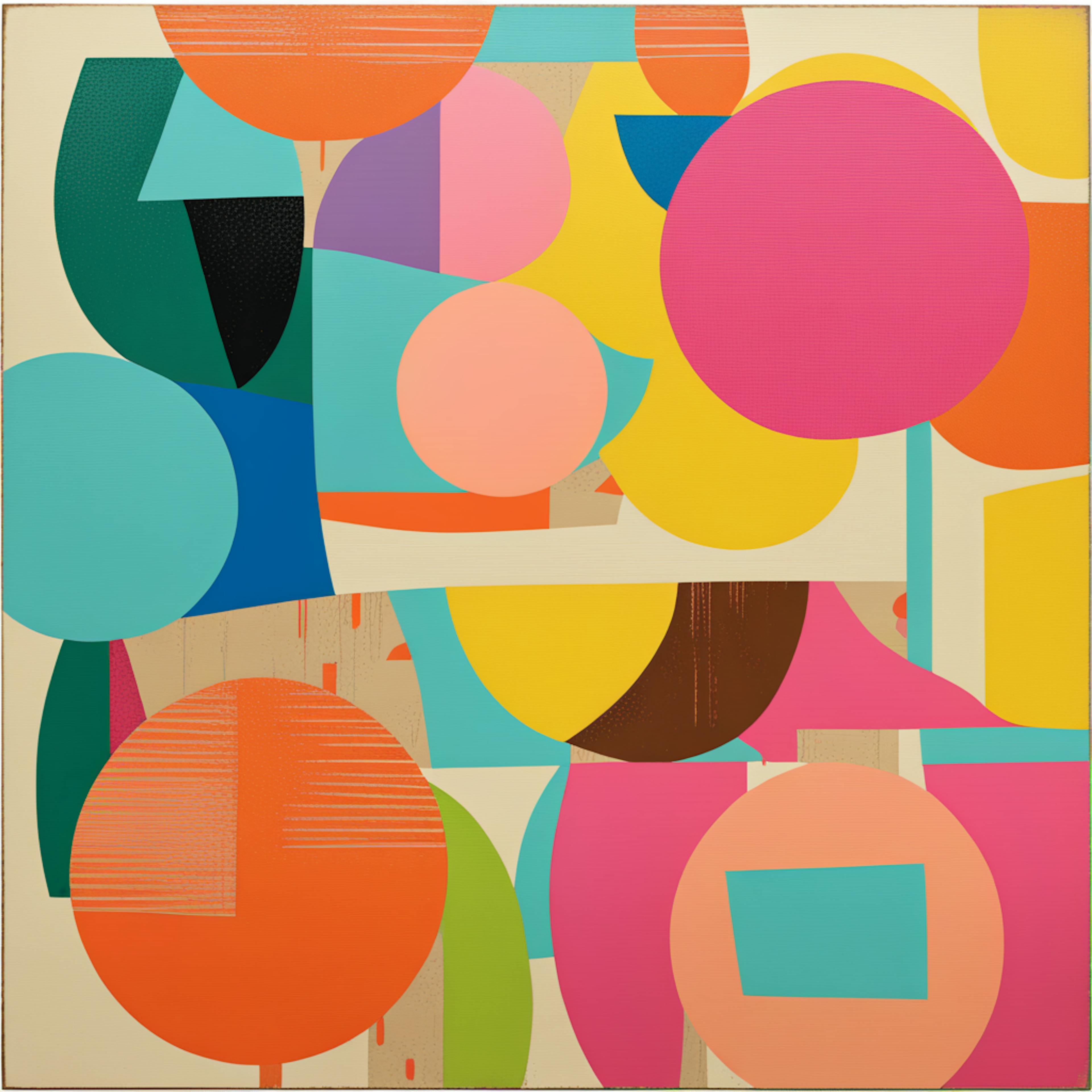 A vibrant composition of overlapping geometric shapes in warm and cool tones, evoking the clean and playful aesthetic of "mid-century modern art" with a focus on abstract balance.