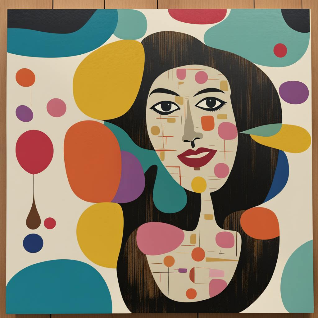 A whimsical depiction of a woman's face integrated with colorful abstract shapes and playful patterns, illustrating the creativity and elegance synonymous with "mid-century modern art."