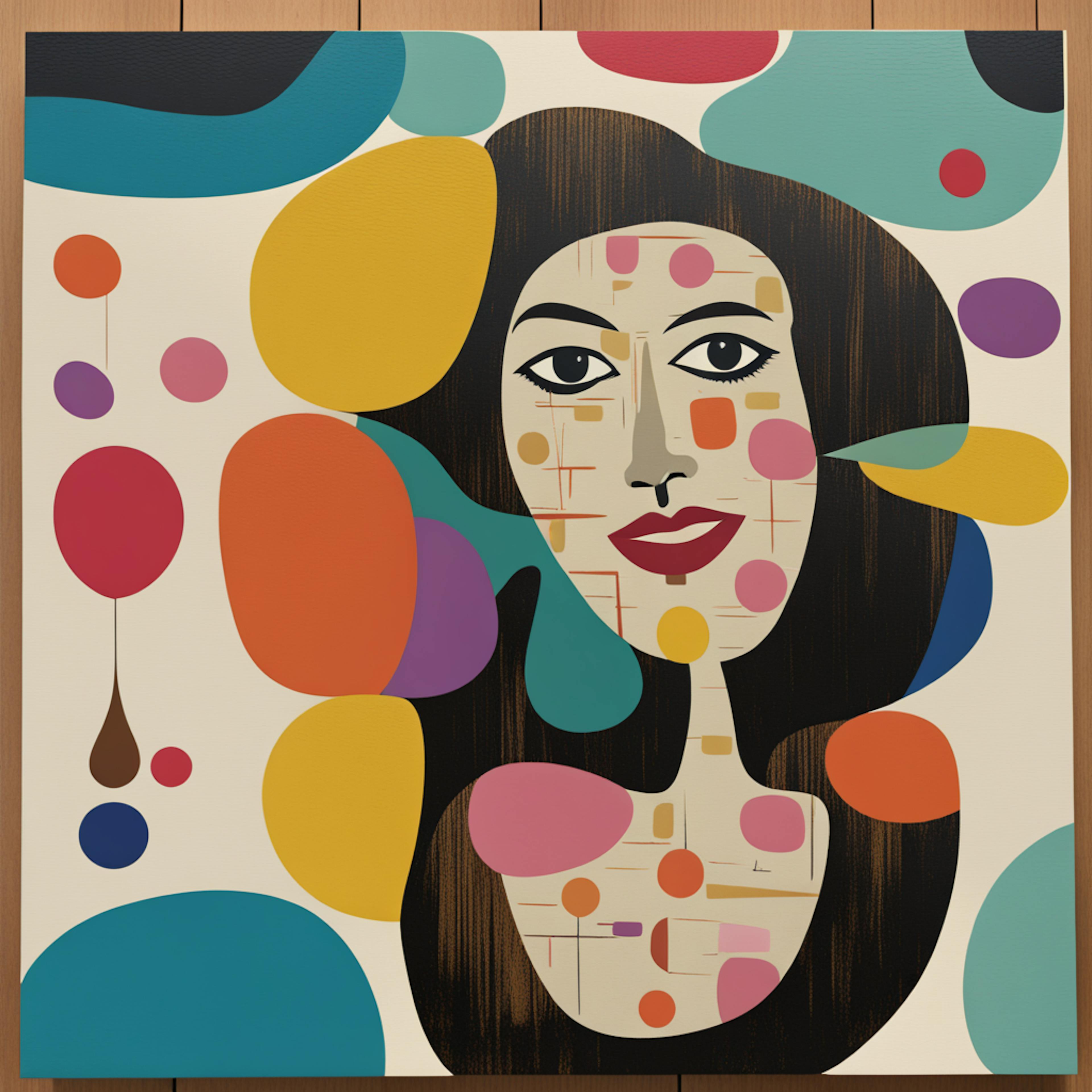 A whimsical depiction of a woman's face integrated with colorful abstract shapes and playful patterns, illustrating the creativity and elegance synonymous with "mid-century modern art."