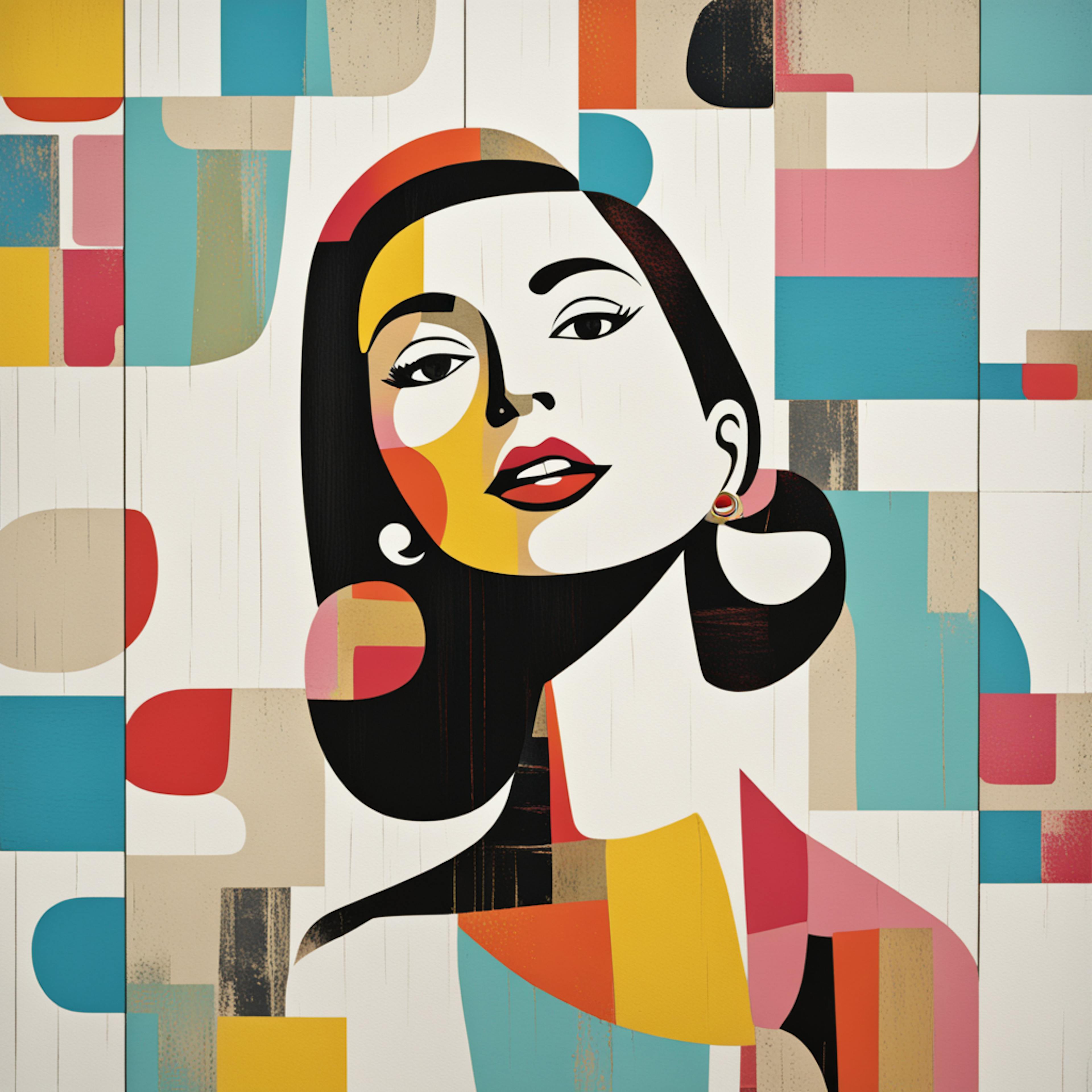 A striking portrait of a woman composed of bold, flat colors and geometric patterns, reflecting the dynamic and stylish characteristics of "mid-century modern art."