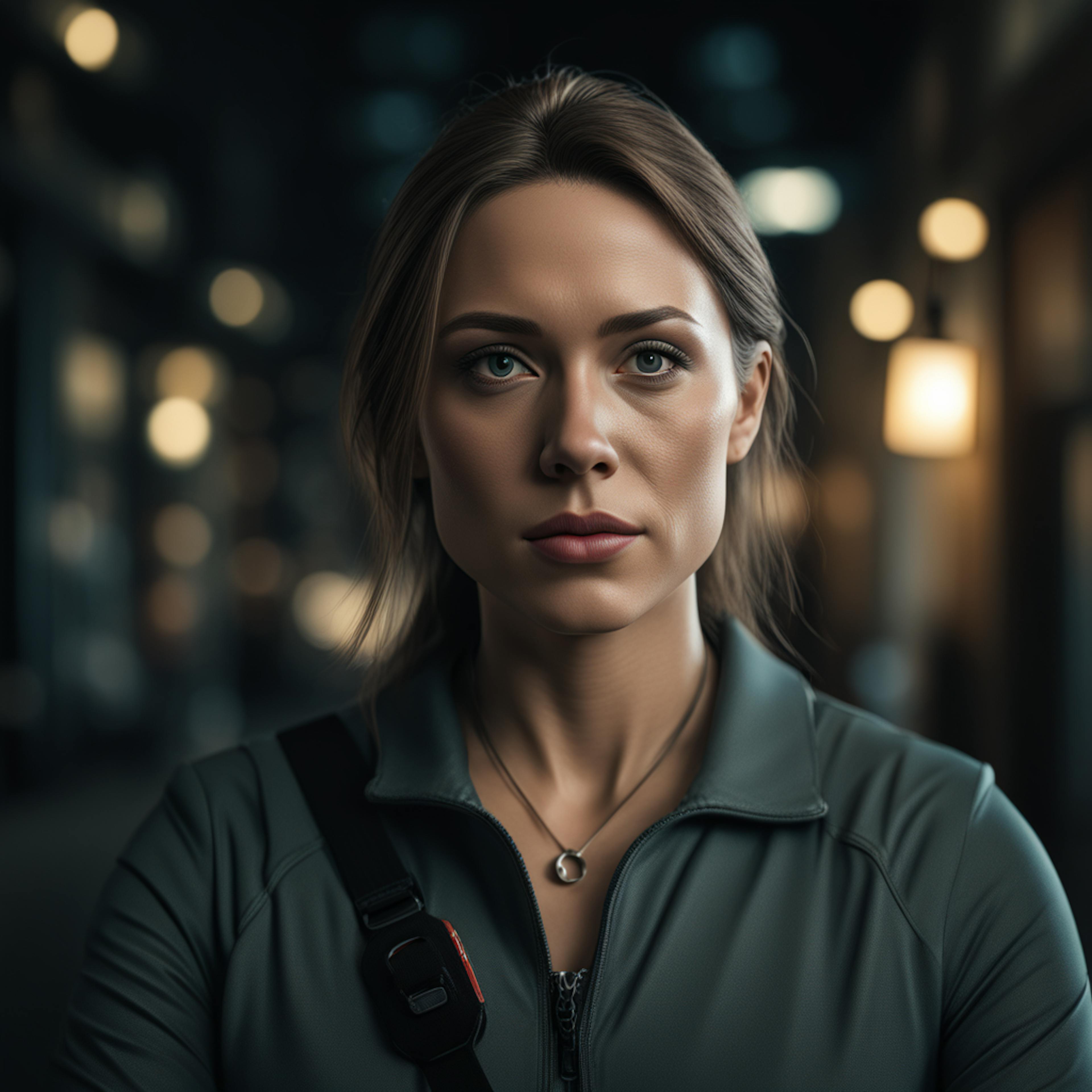 A striking image of a determined woman wearing an athletic jacket, captured in a moody evening setting. Perfect for illustrating how AI elevates digital product designs with cinematic realism.