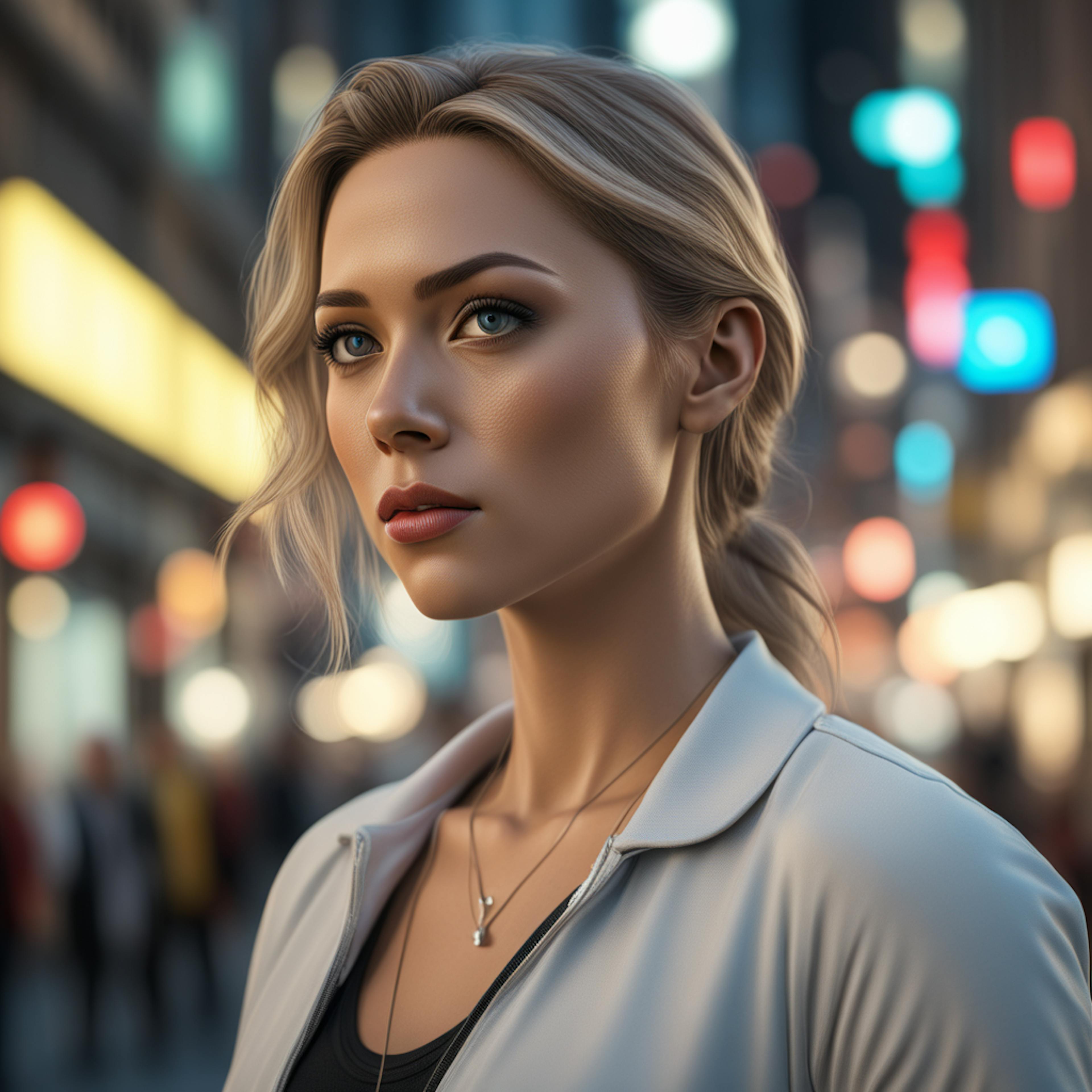 A portrait of a confident woman with blonde hair styled in a loose ponytail, set against a vibrant urban nightscape. The image highlights the use of AI for digital products, showcasing realistic detail and depth.