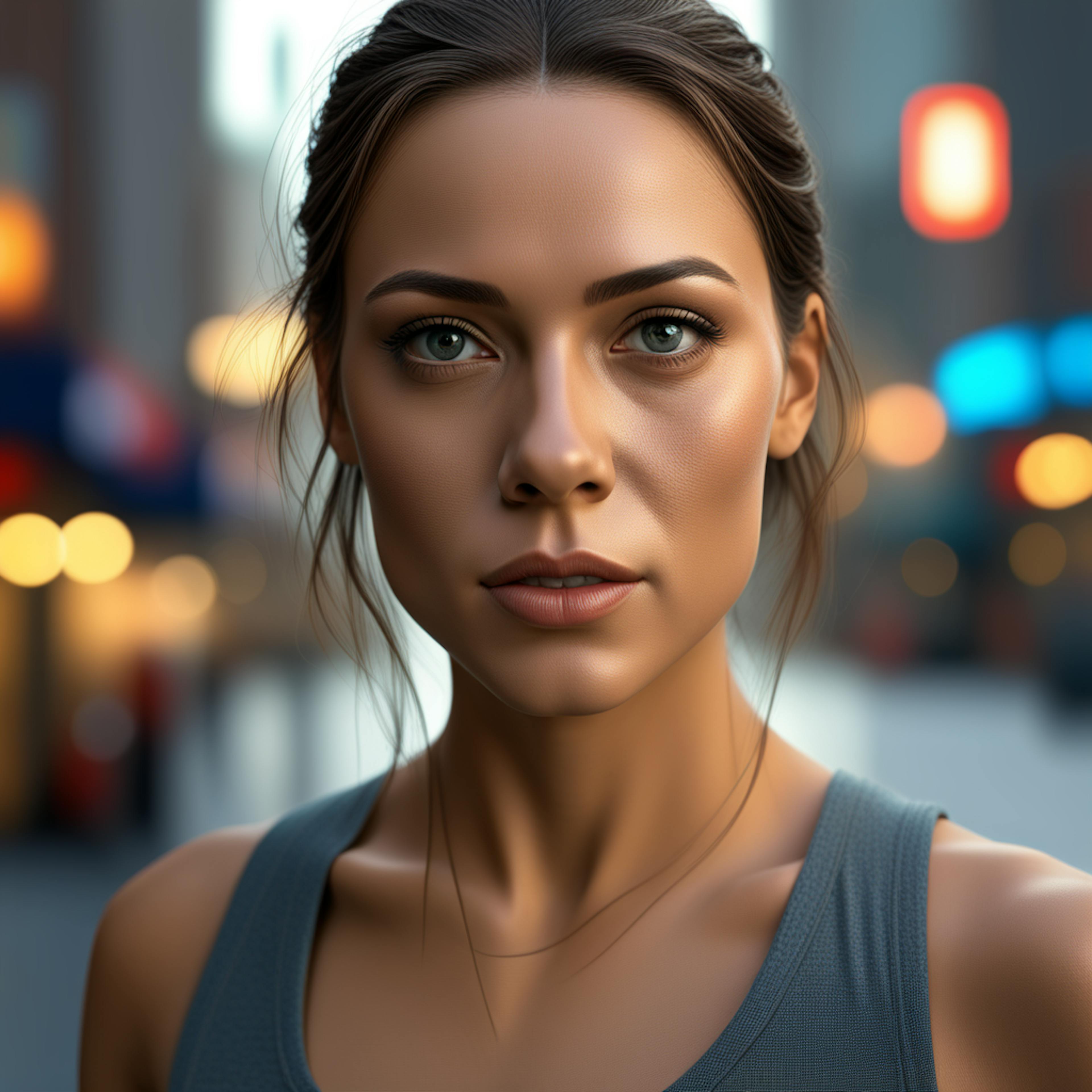 A close-up of a focused woman with neatly tied-back dark blonde hair, standing amidst a softly blurred city background. This demonstrates how AI enhances digital products with lifelike facial features and ambiance.