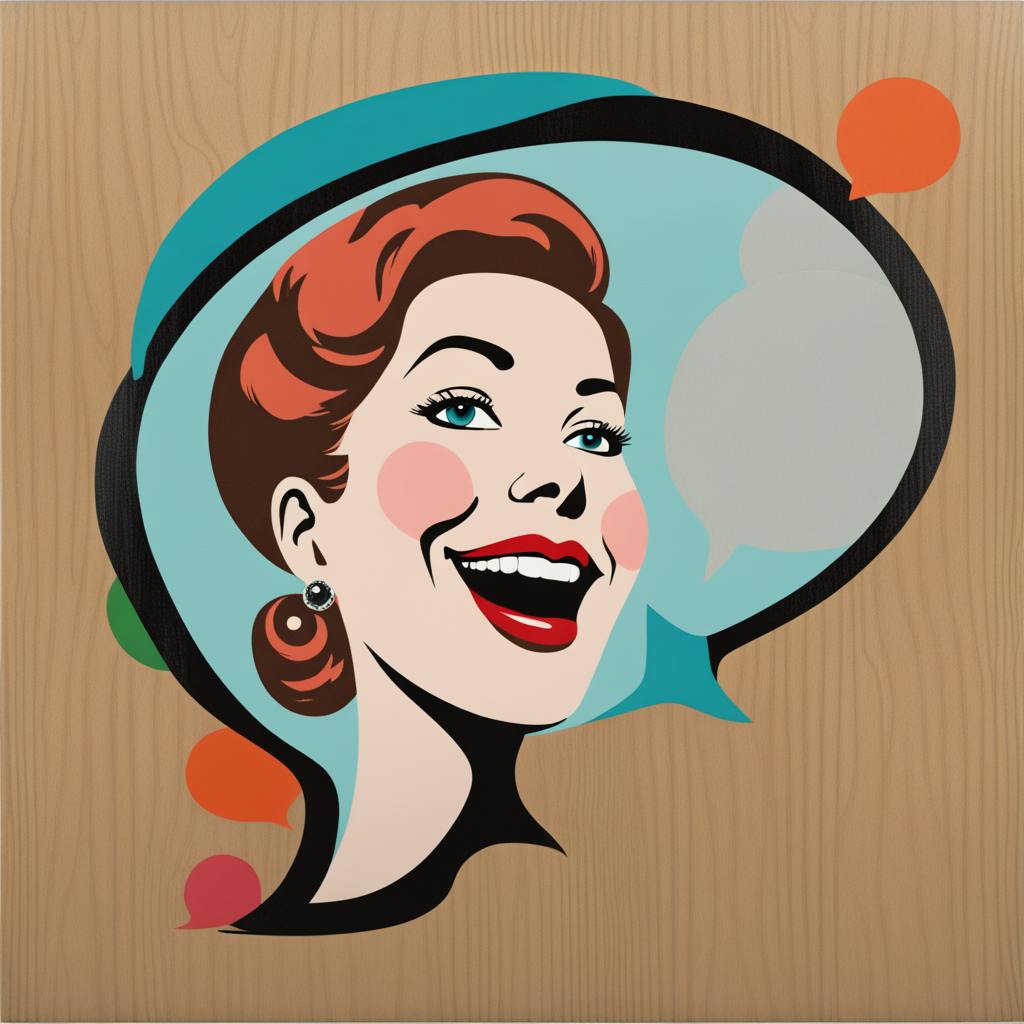 A retro-style illustration of a cheerful woman with a bright smile, framed by overlapping speech bubbles in vibrant colors. This image represents the idea of engaging conversations and the power to use AI to ask a question, fostering creative and meaningful interactions.