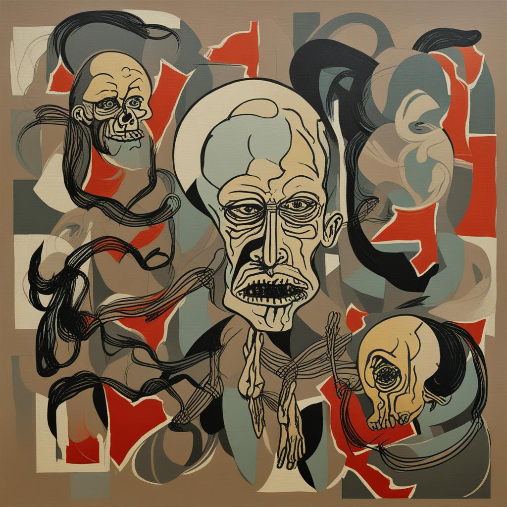 An abstract artwork of distorted faces and tangled lines against a fragmented background, representing the complexity of tokenization and parsing, key steps in natural language processing.