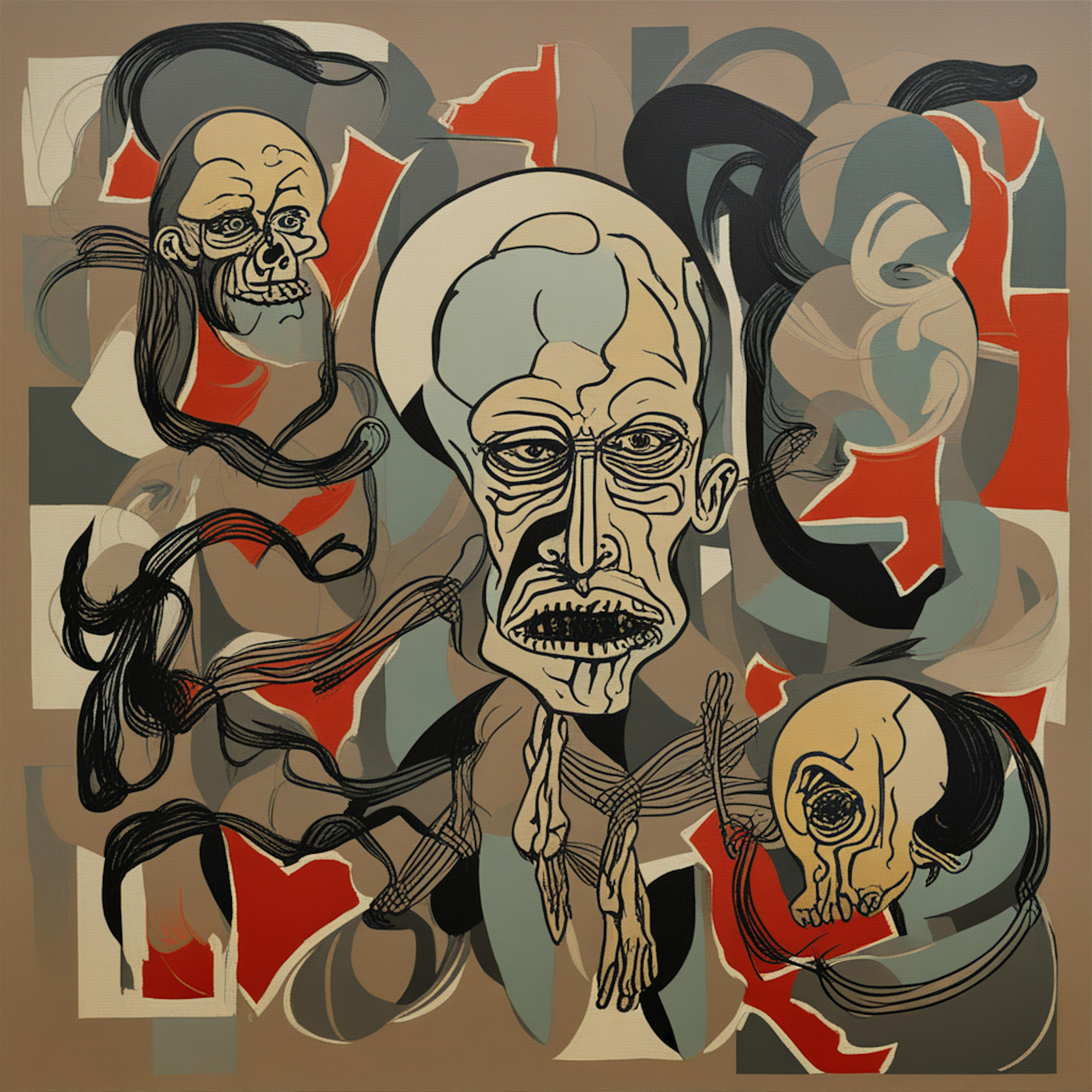 An abstract artwork of distorted faces and tangled lines against a fragmented background, representing the complexity of tokenization and parsing, key steps in natural language processing.