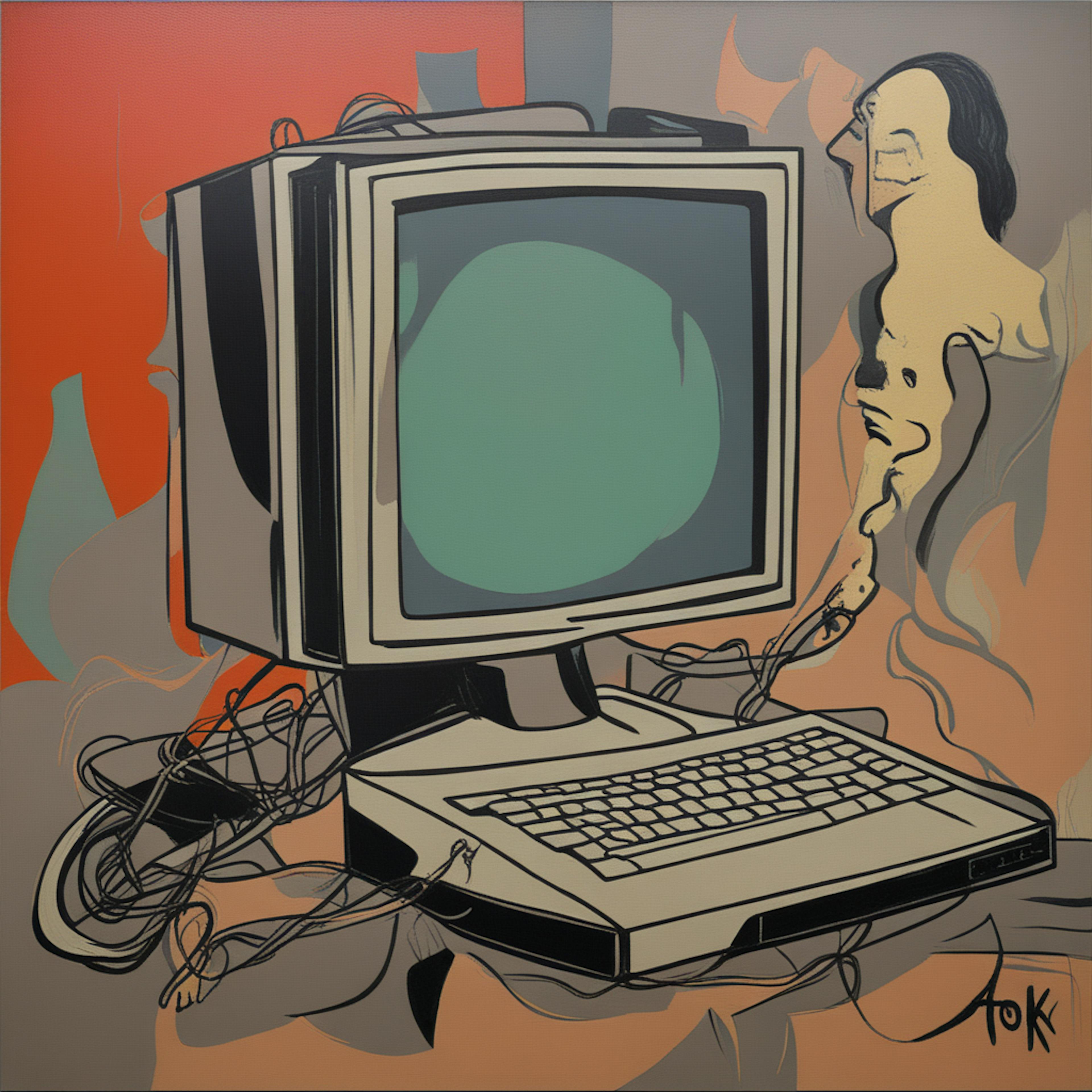 A surreal illustration featuring an old computer intertwined with abstract organic forms, symbolizing the integration of technology and human language in the "steps in natural language processing," from data preprocessing to machine understanding.