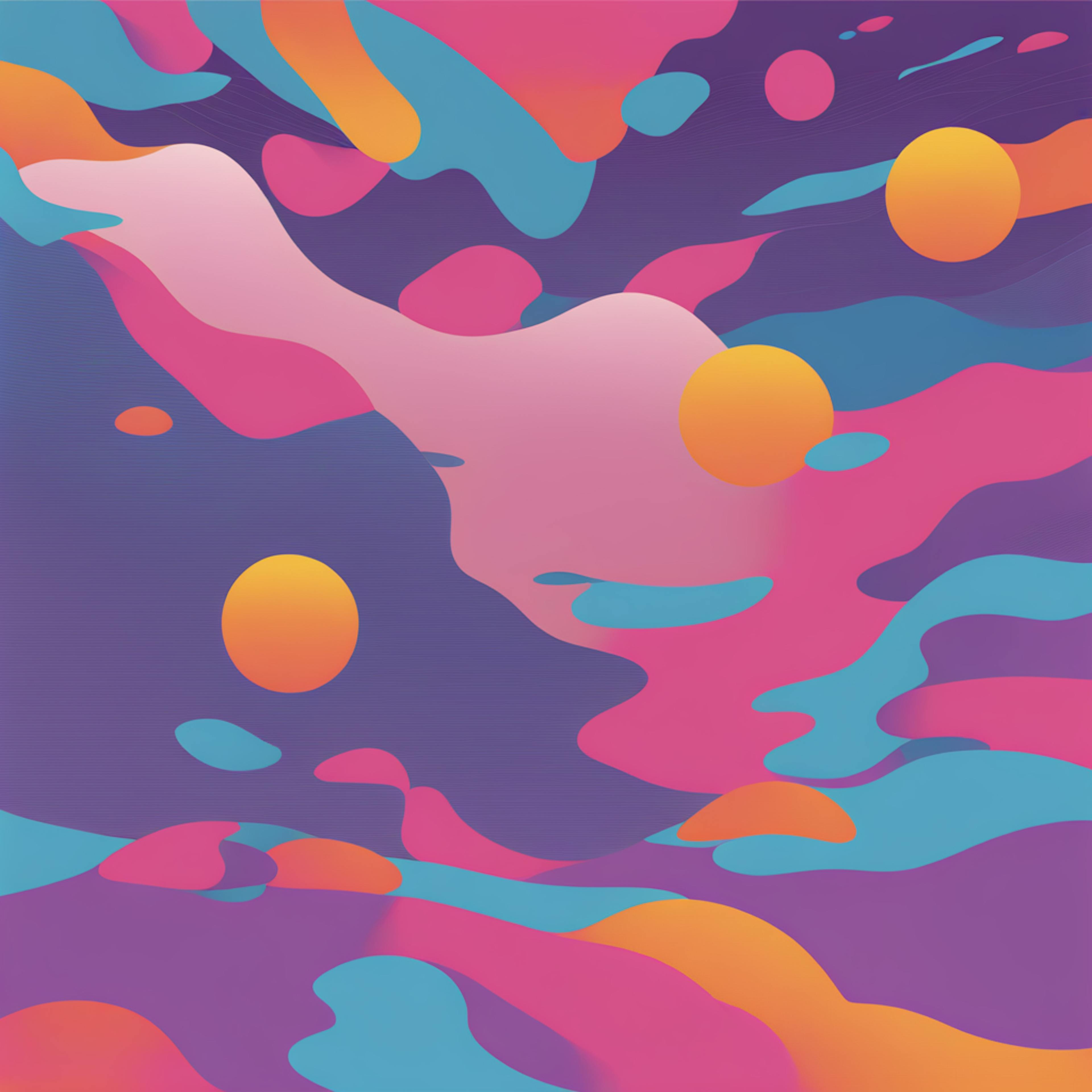 A vibrant composition of flowing abstract shapes in pink, blue, and orange hues, accented with circular elements, exemplifying "reverse contrast graphic design" with its striking interplay of light and dark.