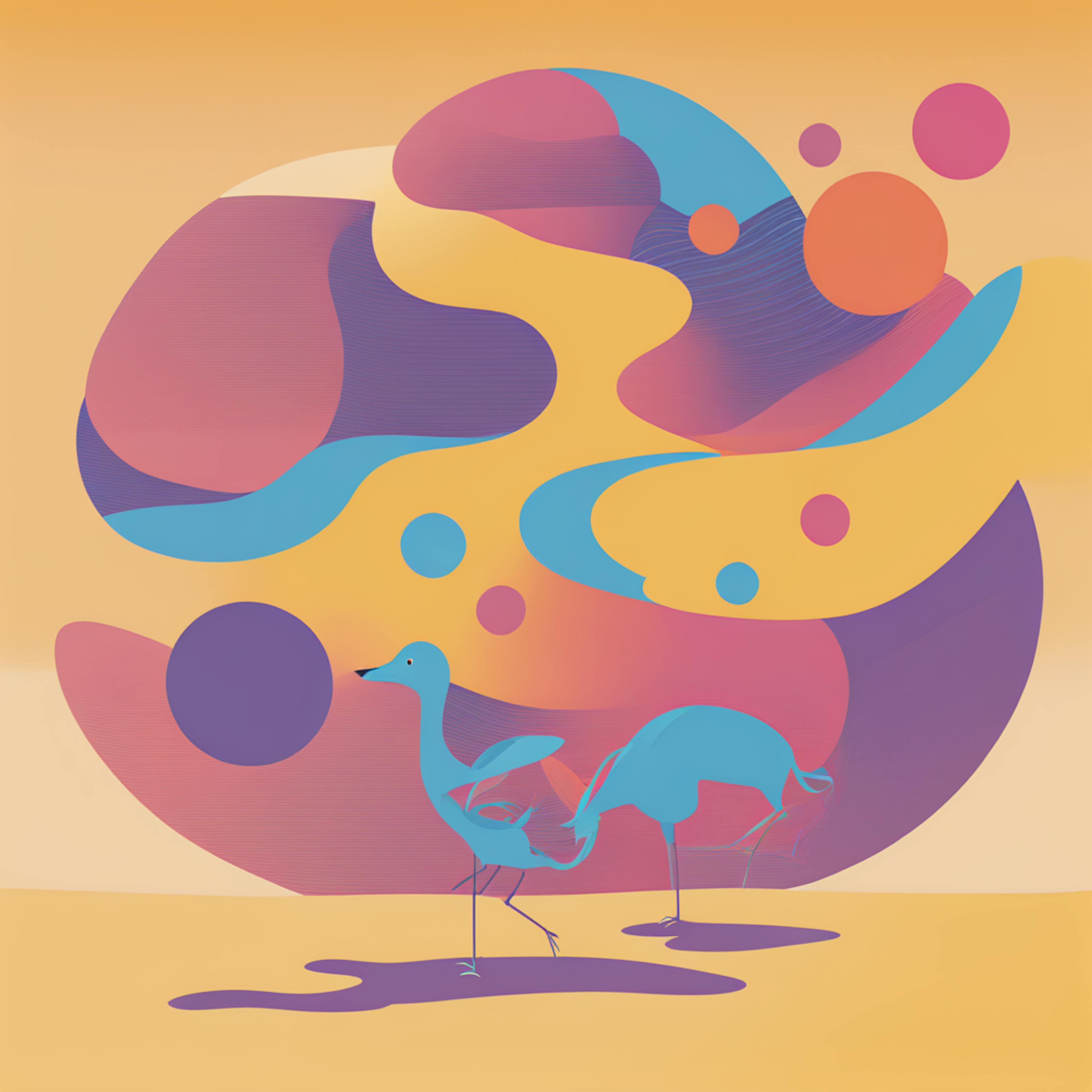 A playful scene featuring abstract birds against a swirling backdrop of bold shapes and colors, demonstrating "reverse contrast graphic design" through its dynamic visual balance and contrasting tones.