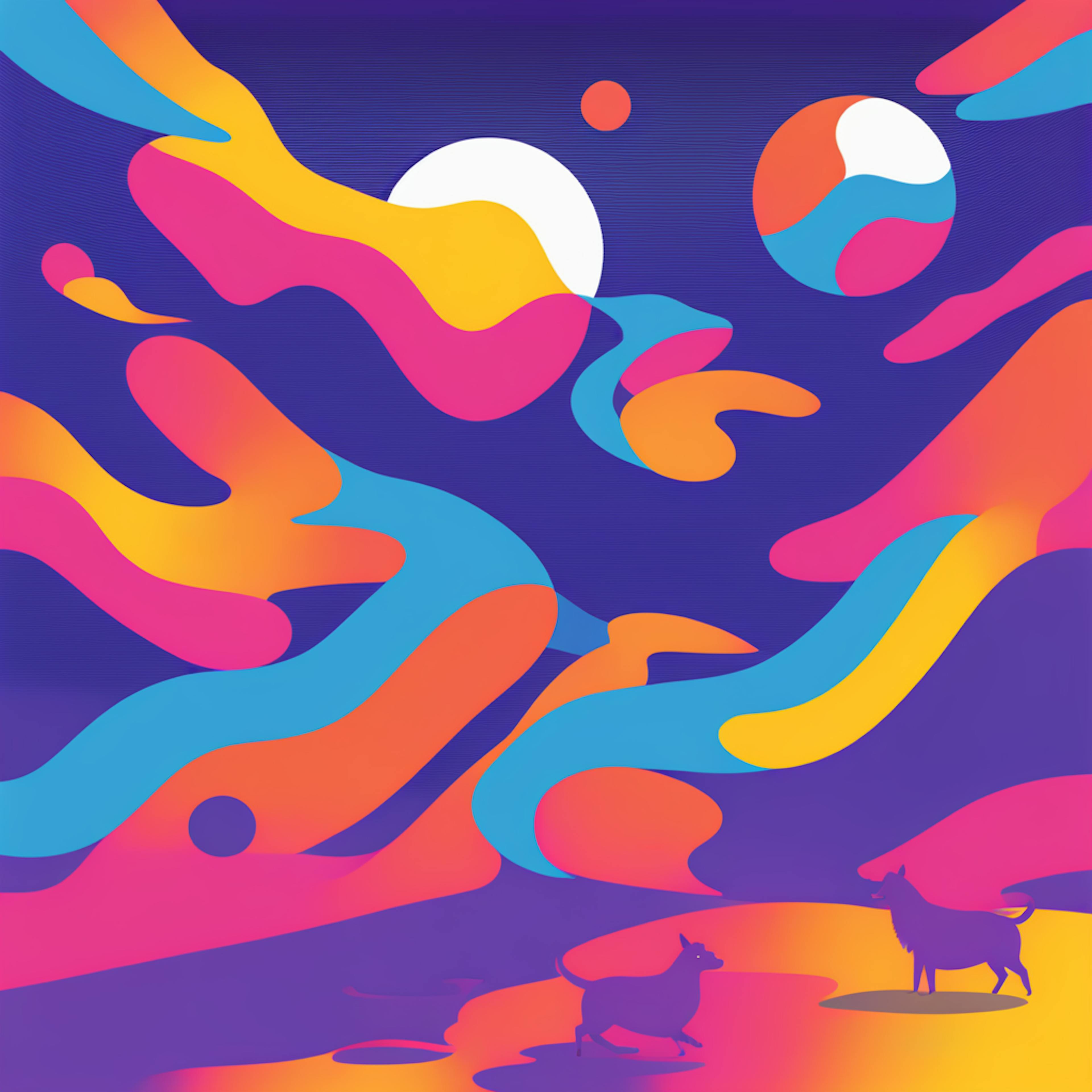 An abstract landscape with colorful flowing shapes and silhouetted animals, showcasing "reverse contrast graphic design" through its bold juxtaposition of bright hues and dark elements.