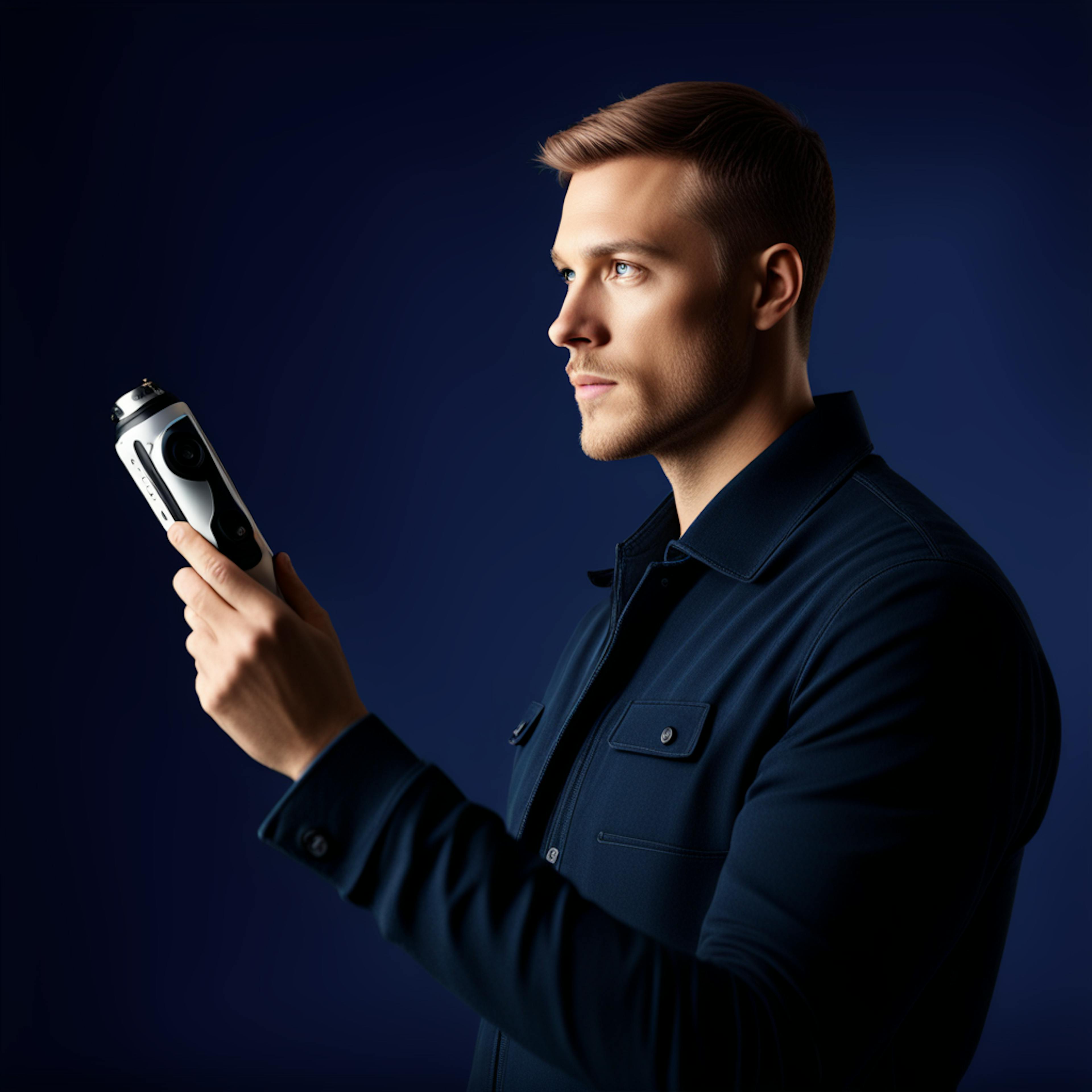 A profile image of a man holding a sleek modern gadget against a deep blue background, emphasizing precision and focus. This "product photography marketing" shot highlights the product's sophistication and appeal.